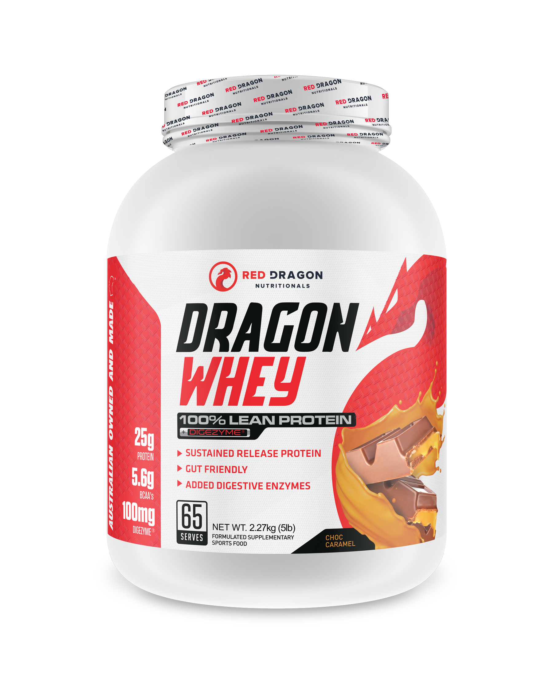 Red Dragon Nutritionals RDN Dragon Whey Protein in 5lb chocolate caramel flavor, featuring a scoop of protein powder.