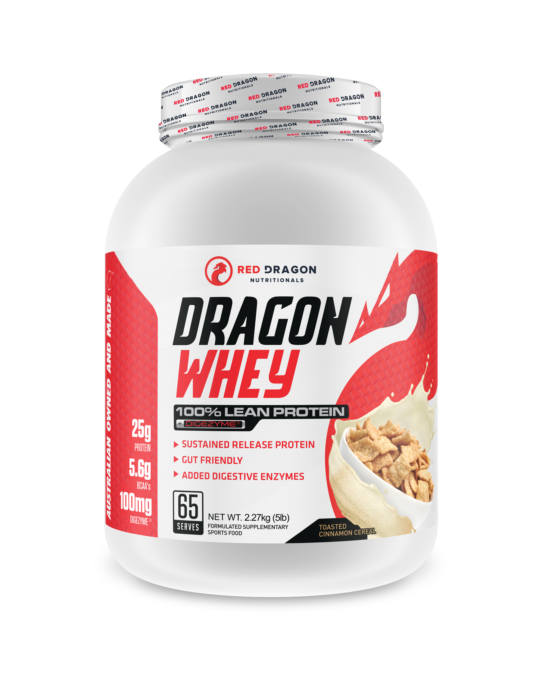 Red Dragon Nutritionals RDN Dragon Whey Protein in a 5lb container with cinnamon toast flavor, displayed in a clean product shot.