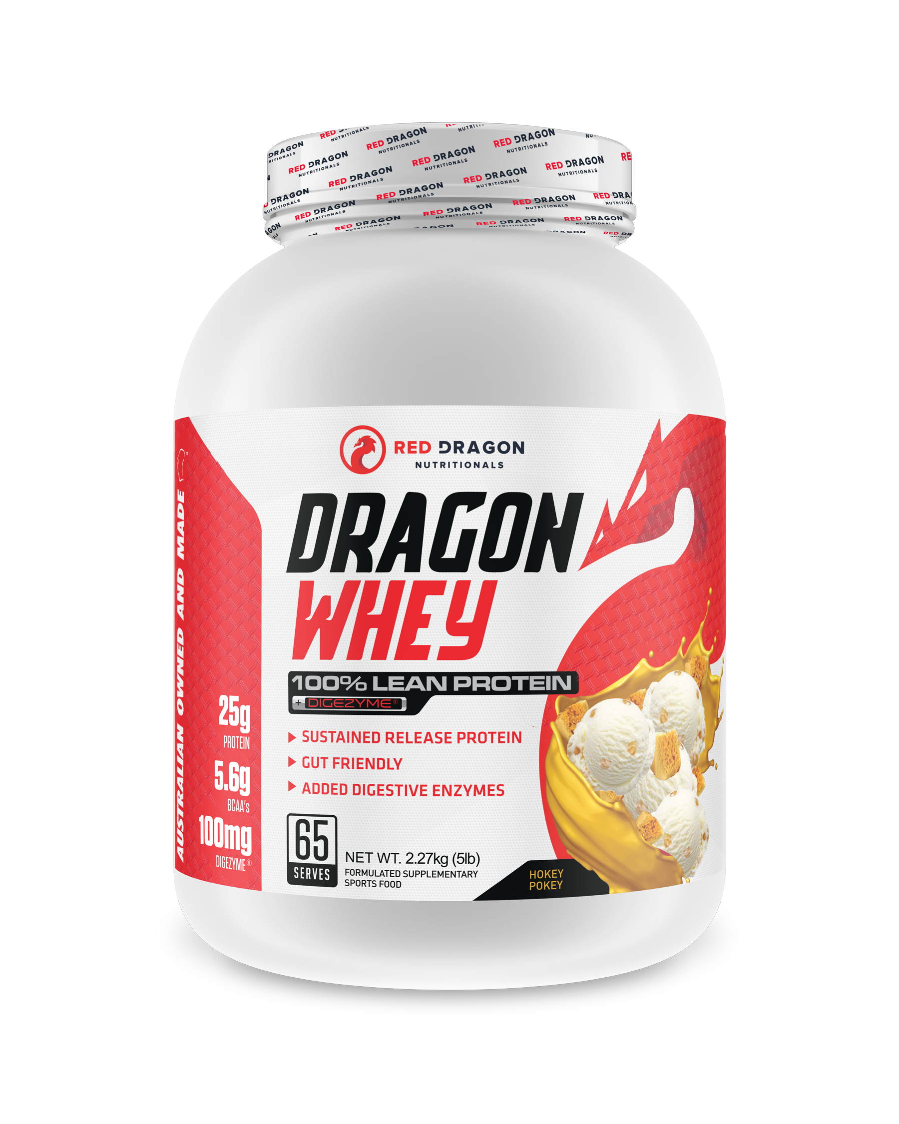 Red Dragon Nutritionals Dragon Whey Protein container, 5lb, showing the label and product packaging.