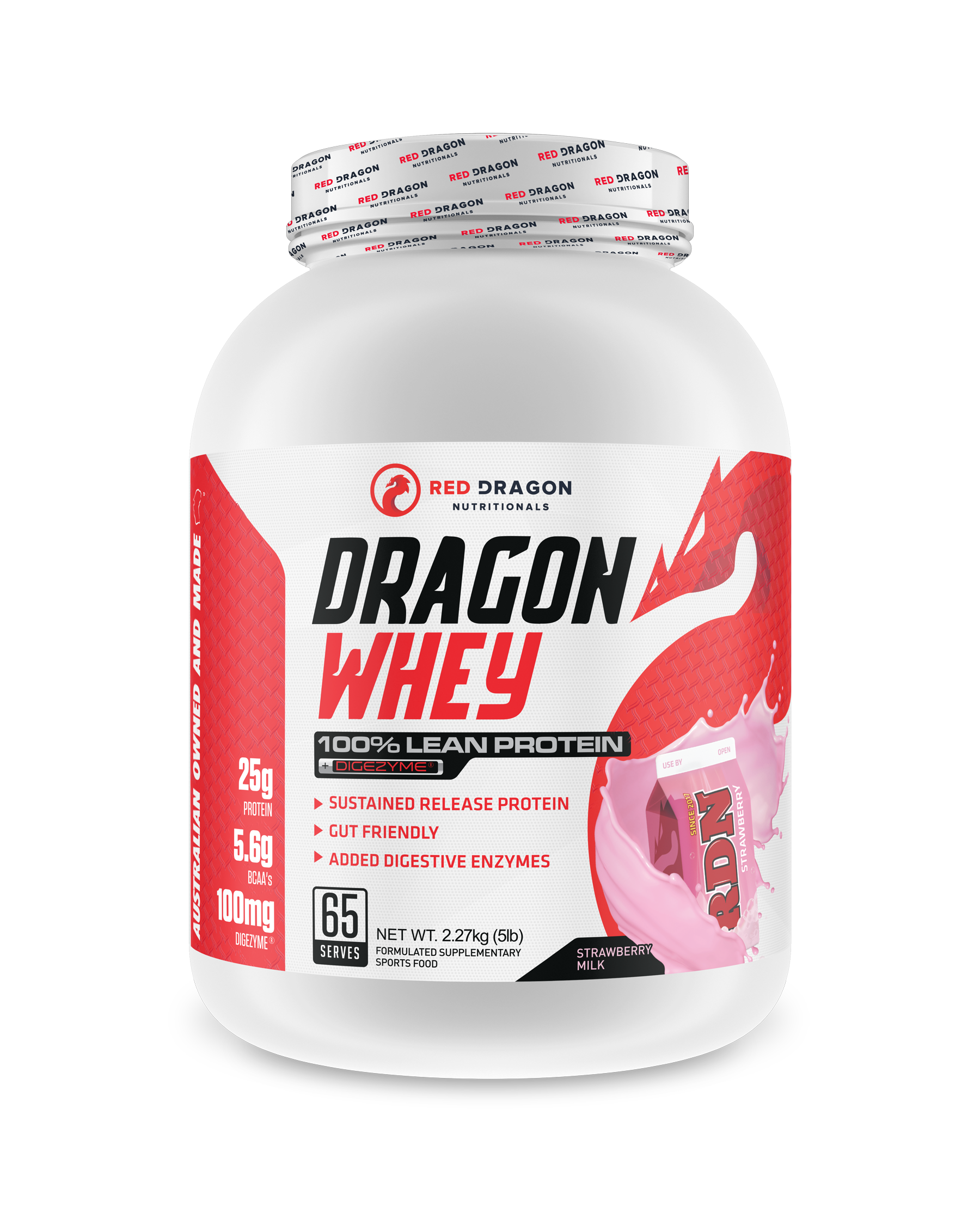 Red Dragon Nutritionals Dragon Whey Protein in 5lb Straw Milk flavor, showing the protein powder container with label and scoop.