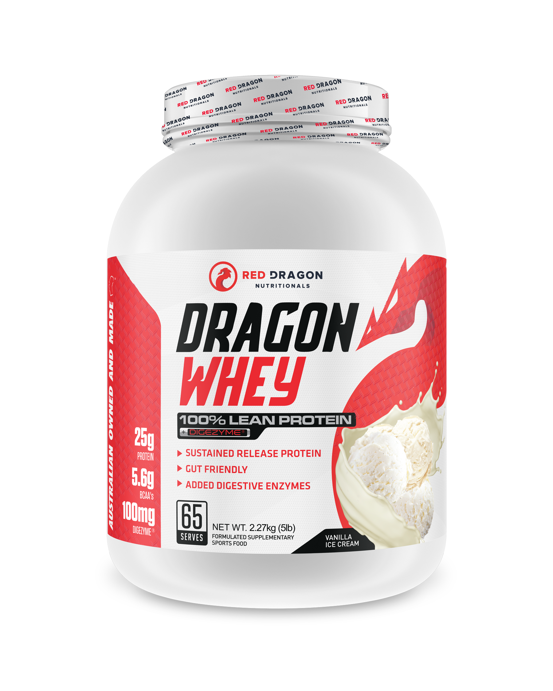 Red Dragon Nutritionals Dragon Whey Protein in 5lb vanilla flavor container, showing the product packaging and branding.