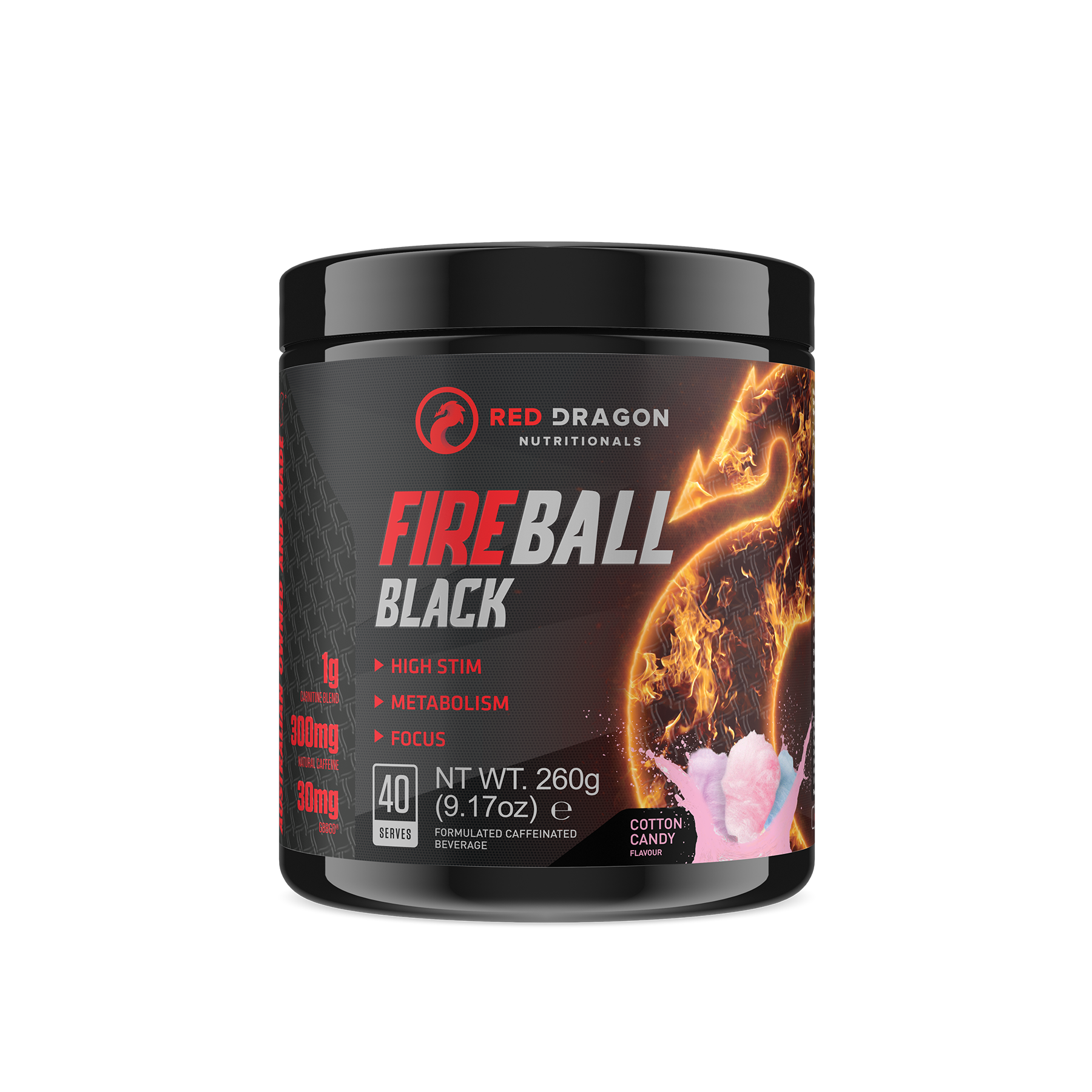 Red Dragon Nutritionals RDN Fireball Black thermogenic supplement container with black labeling and product details visible.