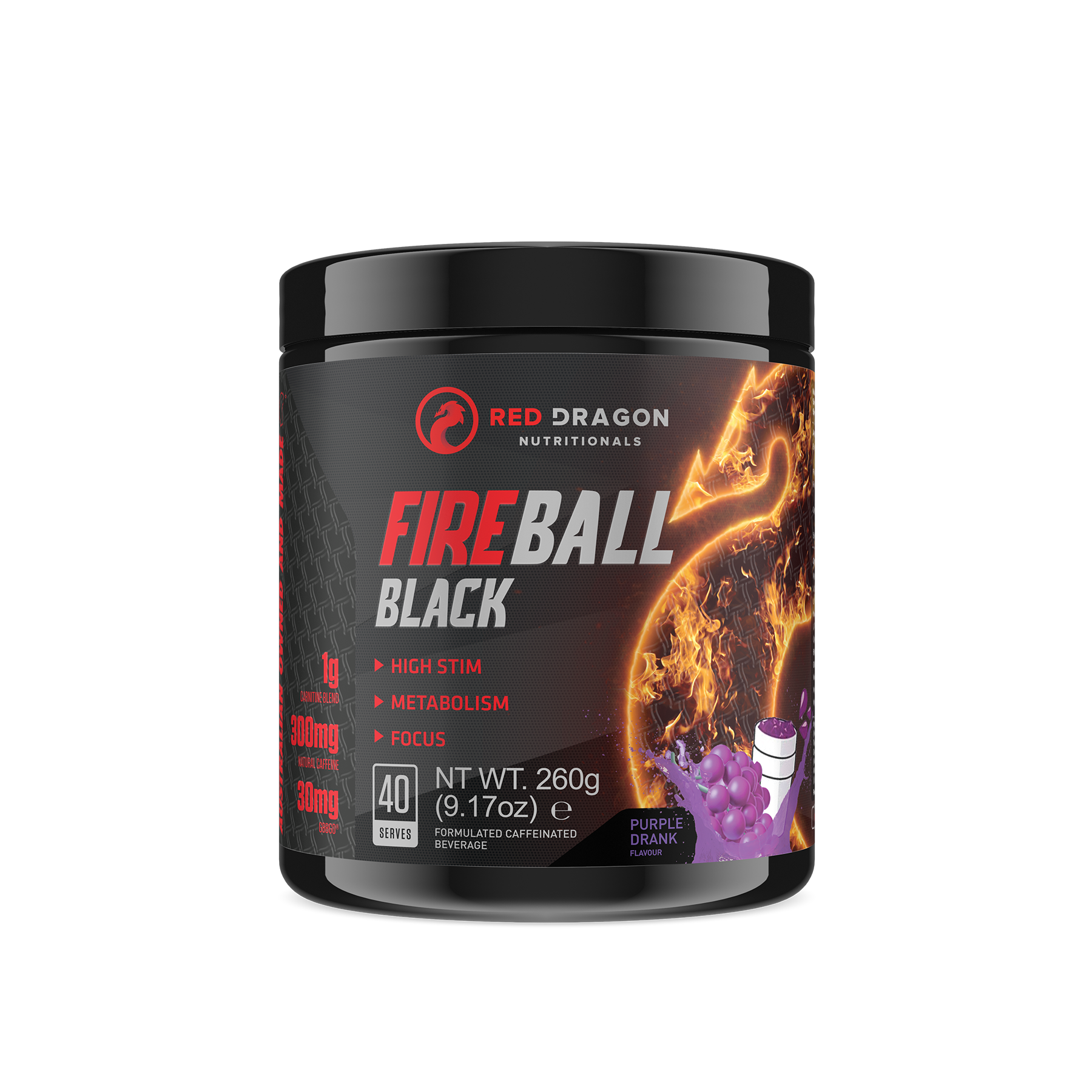Red Dragon Nutritionals FIREBALL Black thermogenic supplement bottle with black label and grape flavor design.