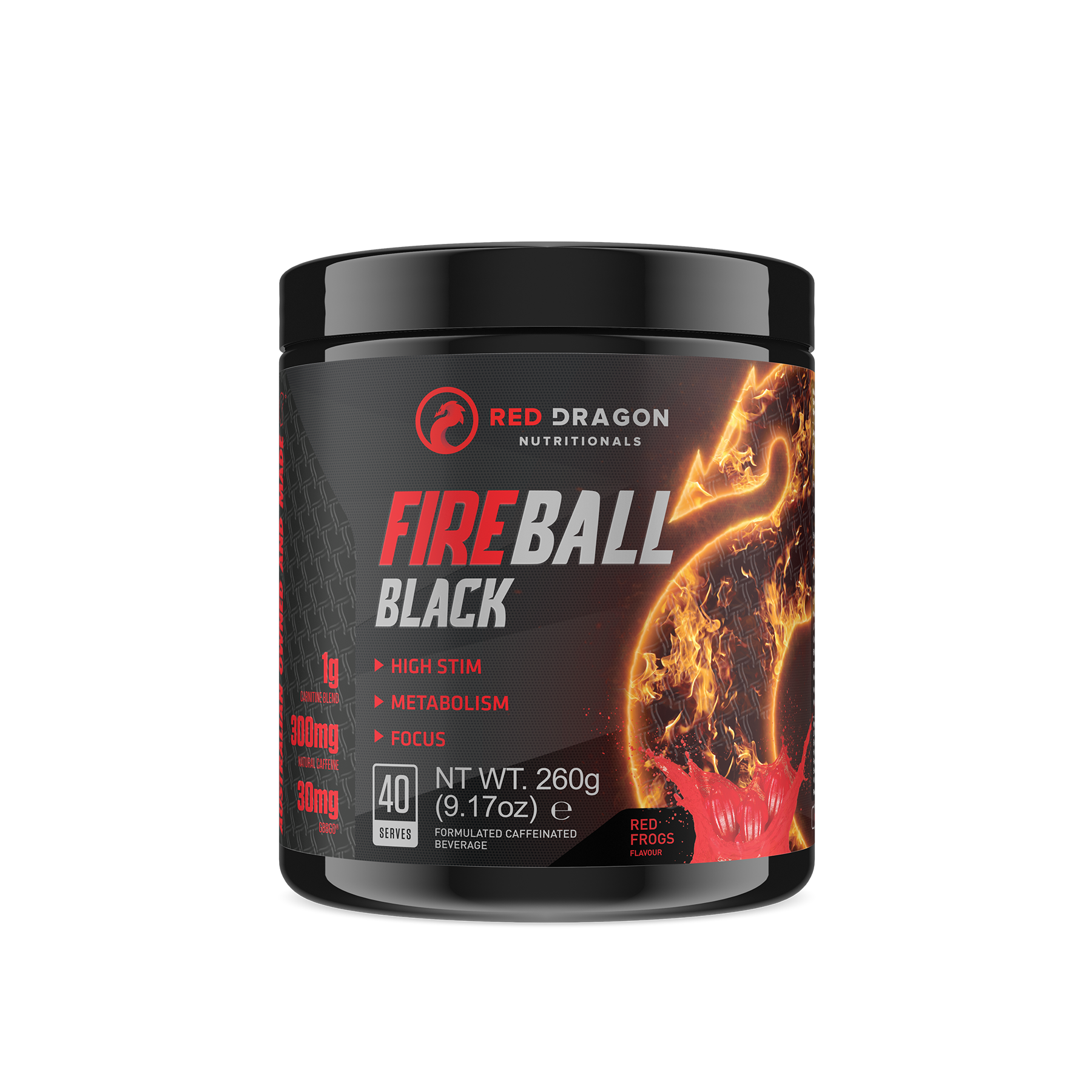 Black RDN Fireball thermogenic supplement by Red Dragon Nutritionals, showing the product container with label details.