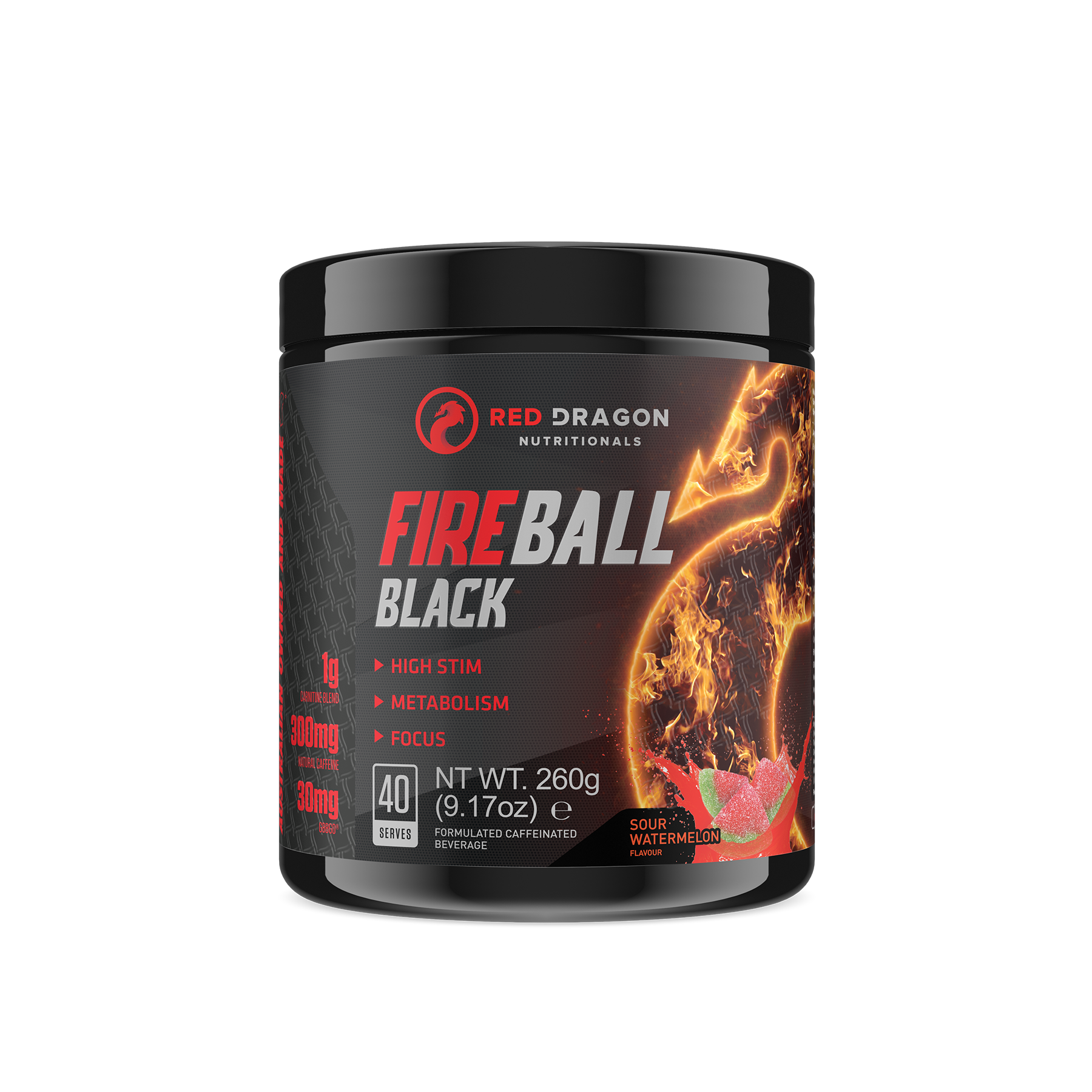 Red Dragon Nutritionals Fireball Black thermogenic supplement container with watermelon flavor and black packaging.