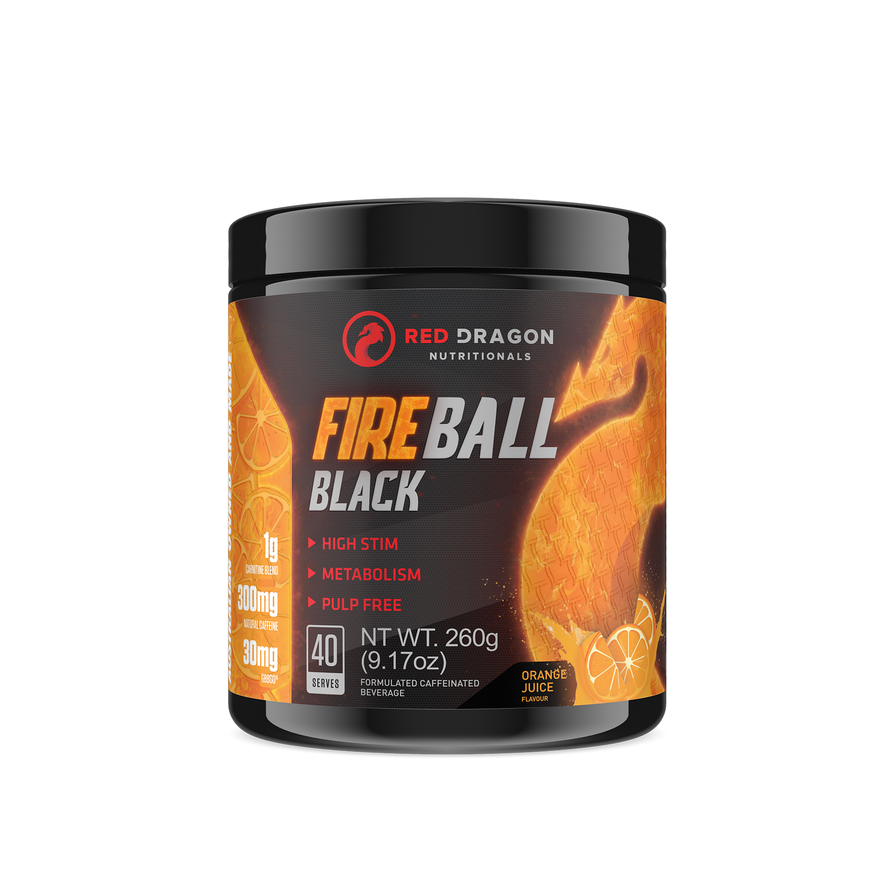 Red Dragon Nutritionals Fireball Black thermogenic supplement bottle with black label and sleek design.