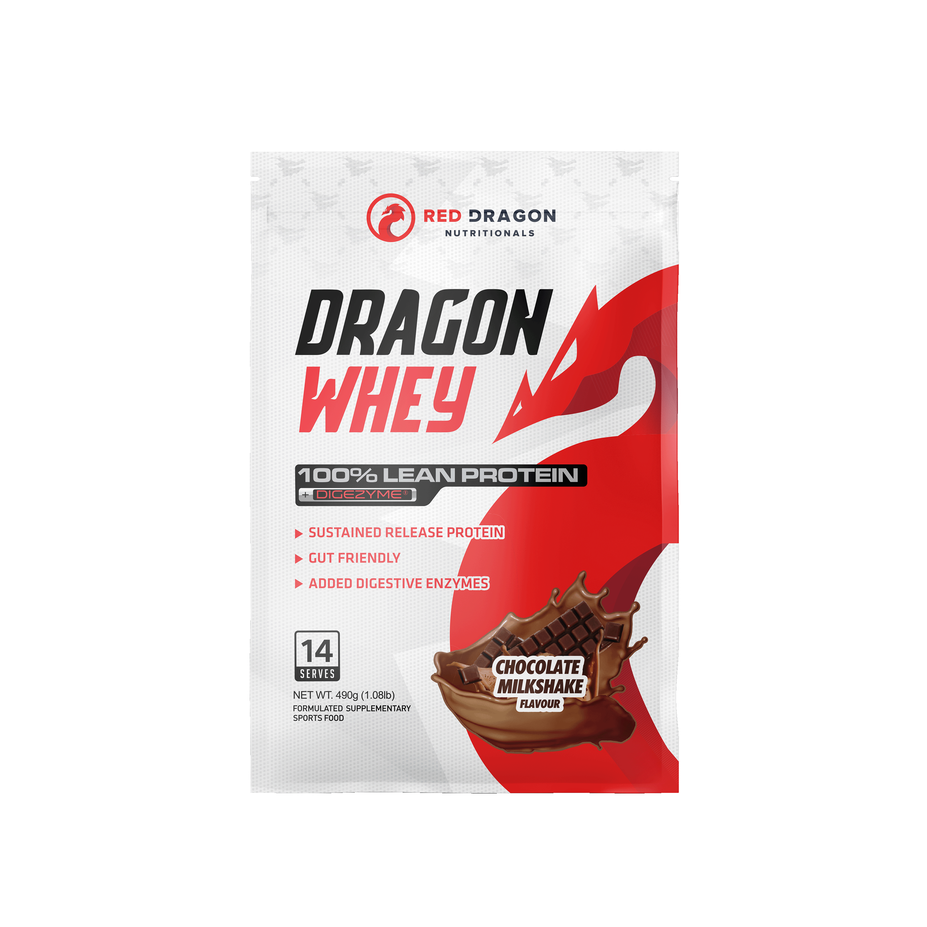 Red Dragon Nutritionals RDN Dragon Whey Protein in 1lb chocolate milkshake flavor, showing the protein powder container with label.