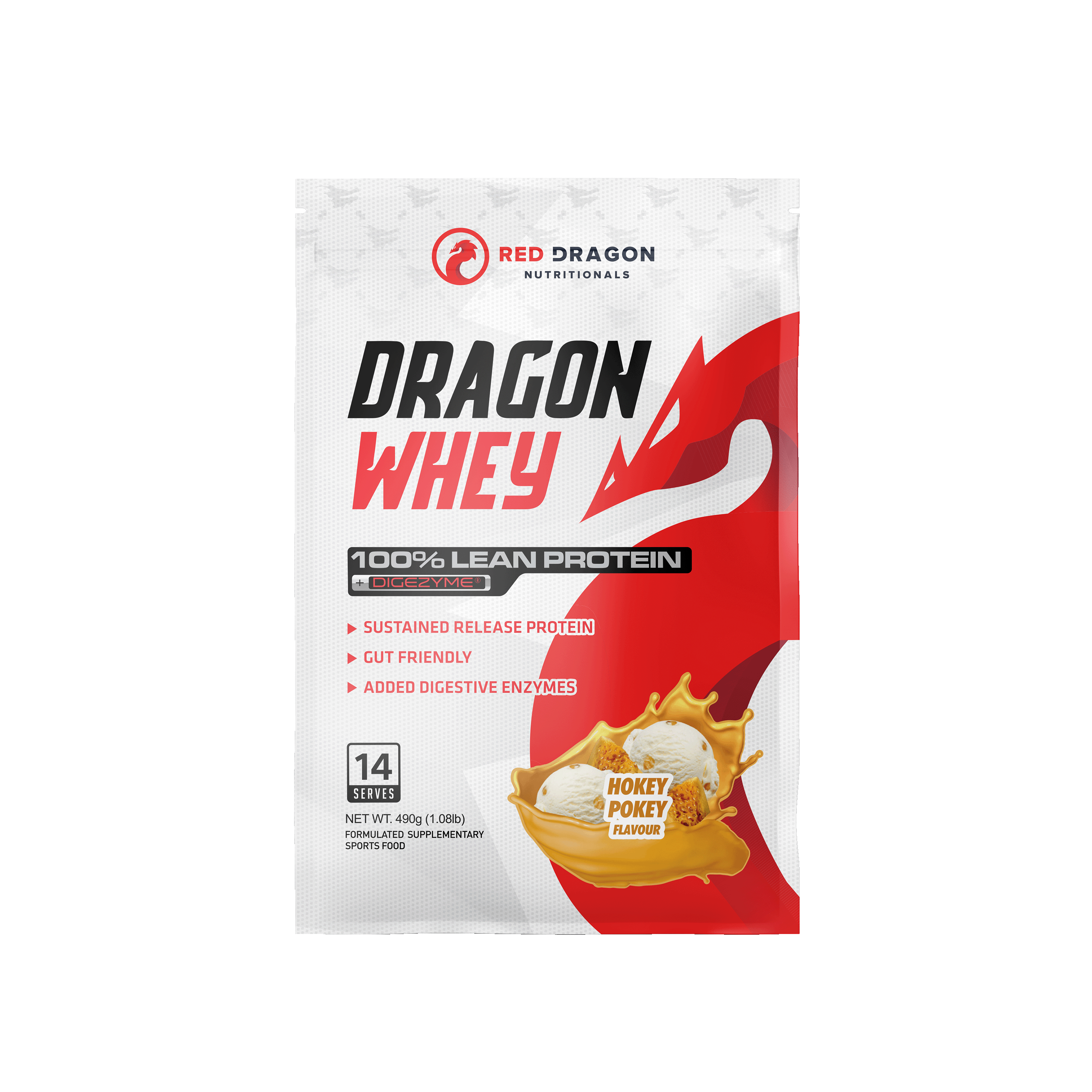Red Dragon Nutritionals Dragon Whey Protein in 1lb Hokey Pokey flavor, showcasing the protein powder container with branding.
