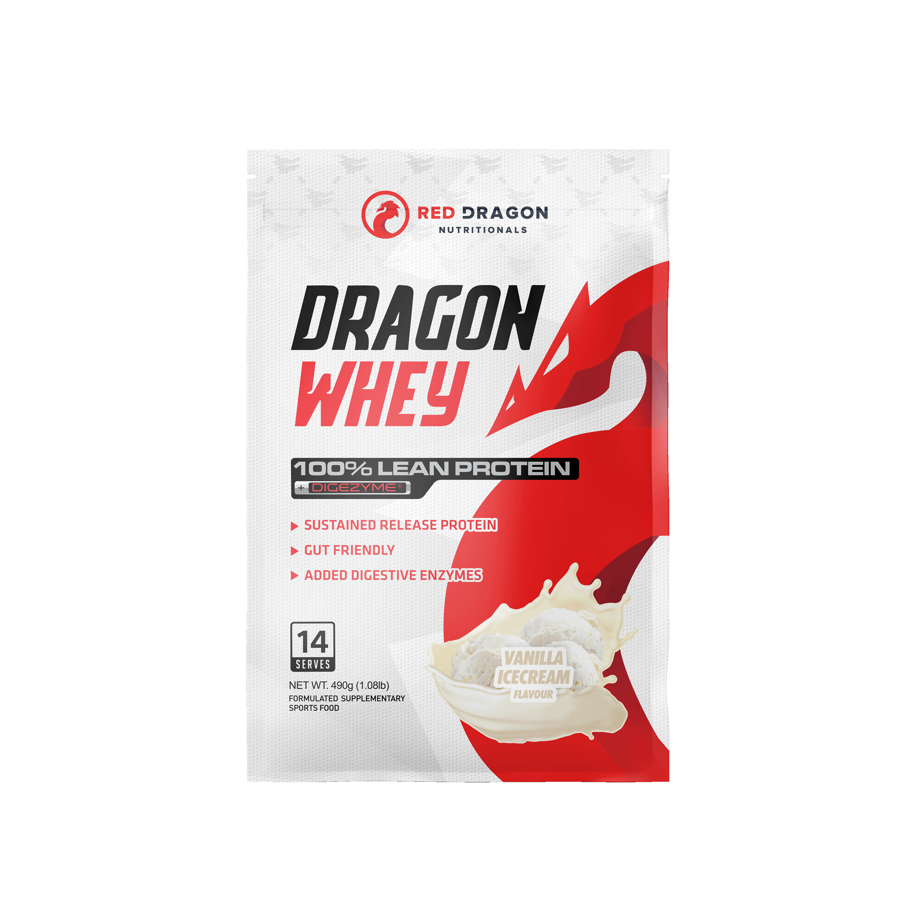 Red Dragon Nutritionals RDN Dragon Whey Protein in 1lb vanilla flavor, showing the protein powder container with vanilla flavor label.