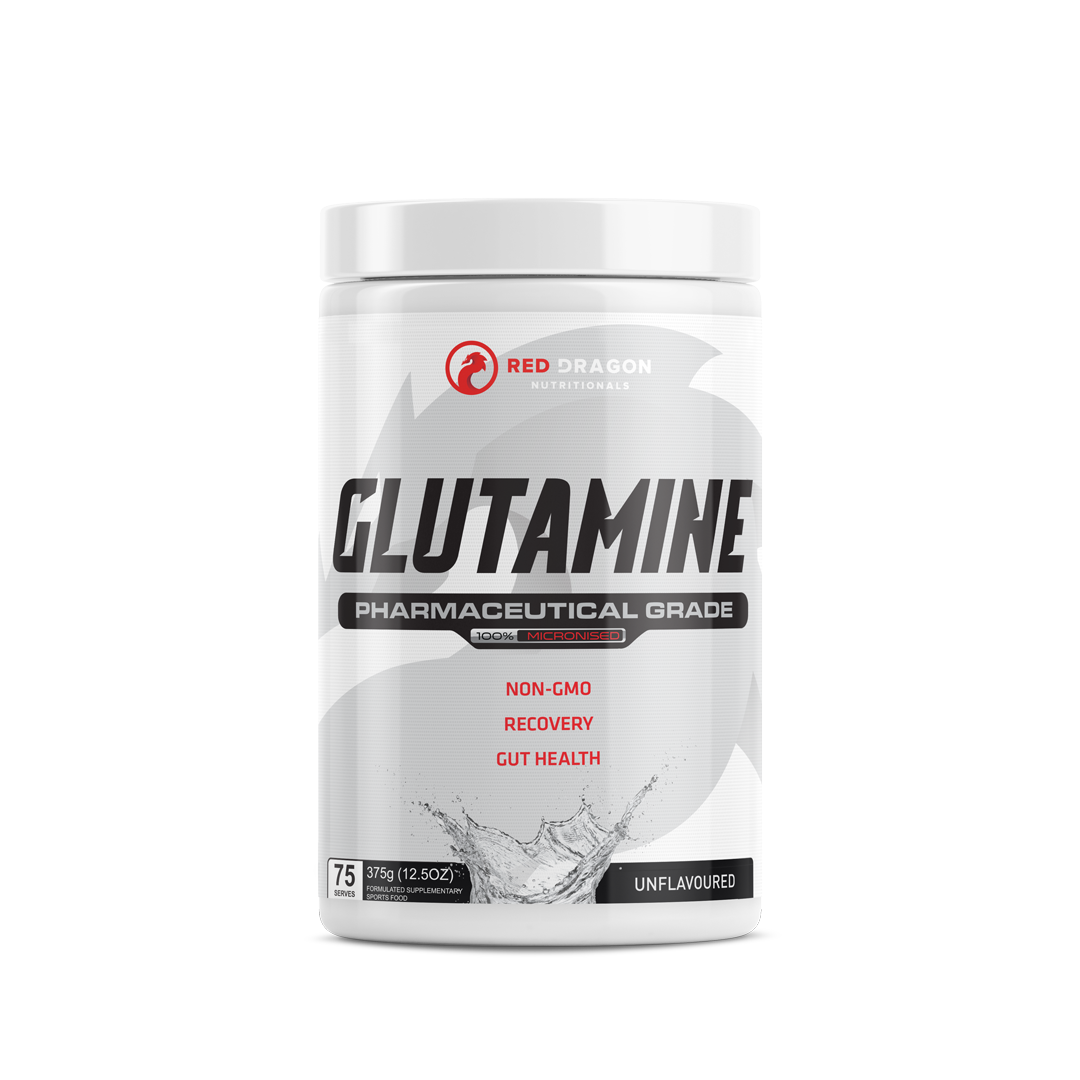 Red Dragon Nutritionals RDN L-Glutamine supplement container with label, showcasing the product for muscle recovery and immune support.