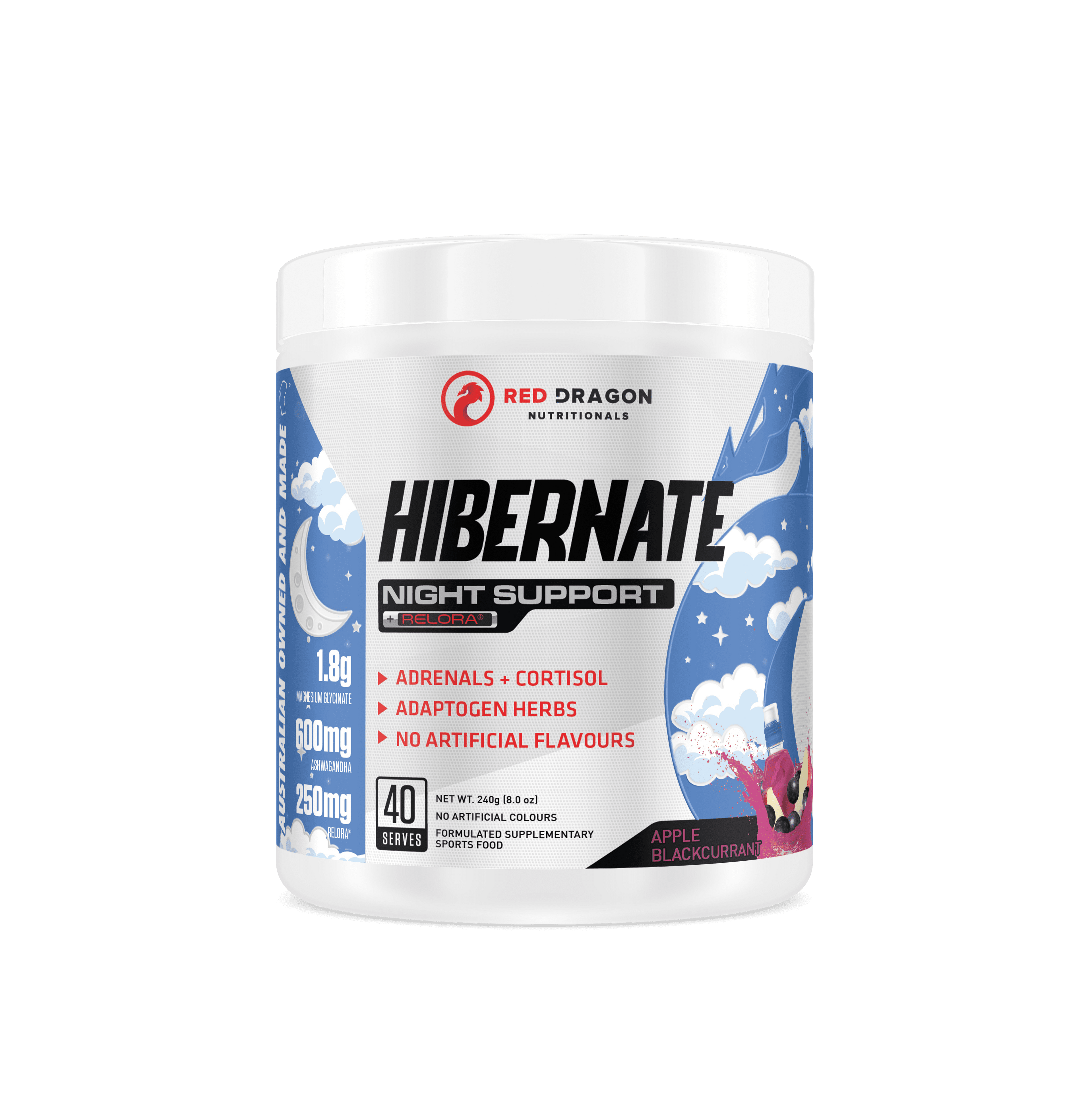 Red Dragon Nutritionals RDN Hibernation Night Support supplement container with label and capsules, designed for restful sleep.