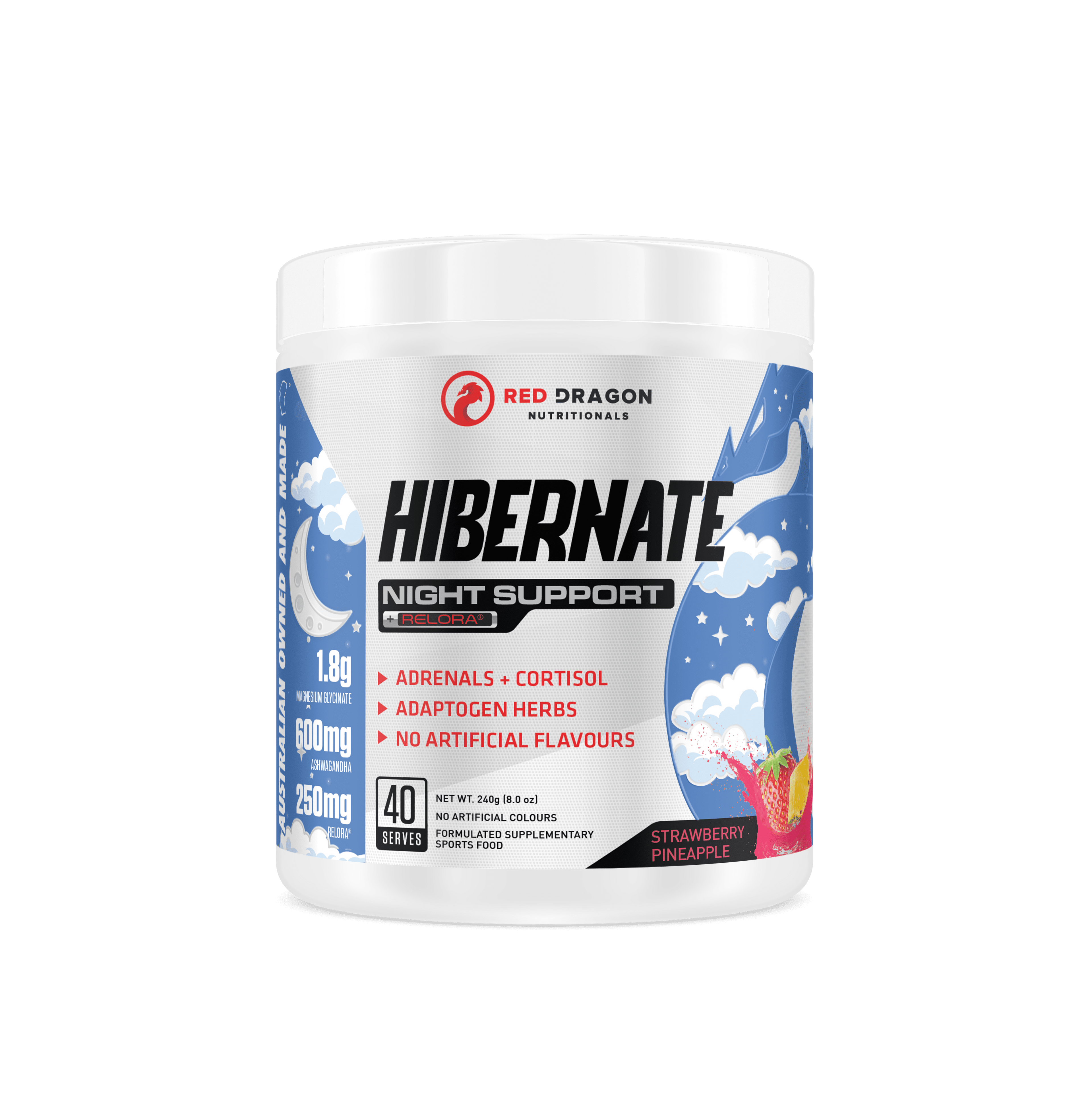 Red Dragon Nutritionals RDN Hibernate Night Support supplement bottle with label and cap, shown in a close-up image.