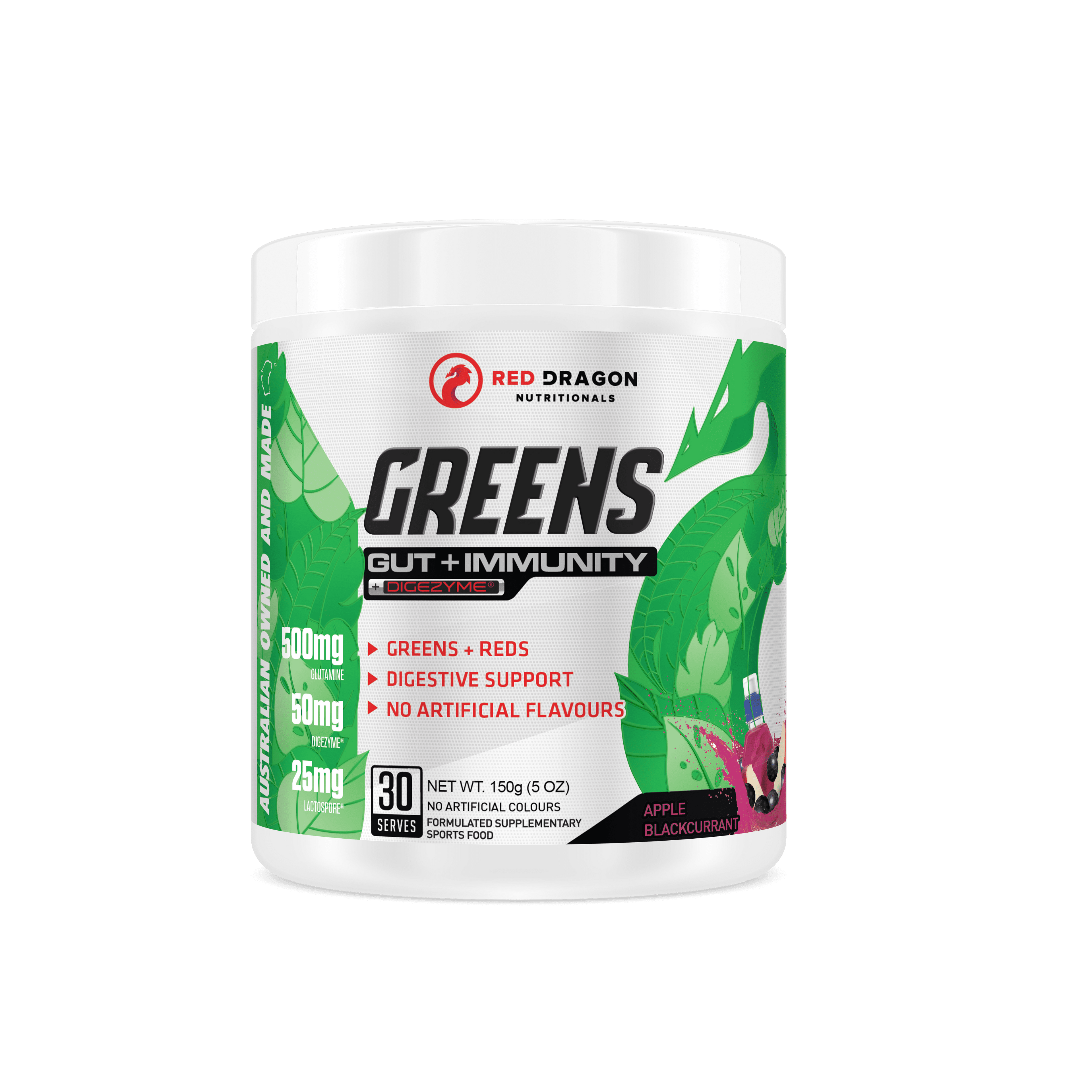 Red Dragon Nutritionals RDN Greens Gut + Immunity powder with apple flavor, featuring green superfoods and digestive support.