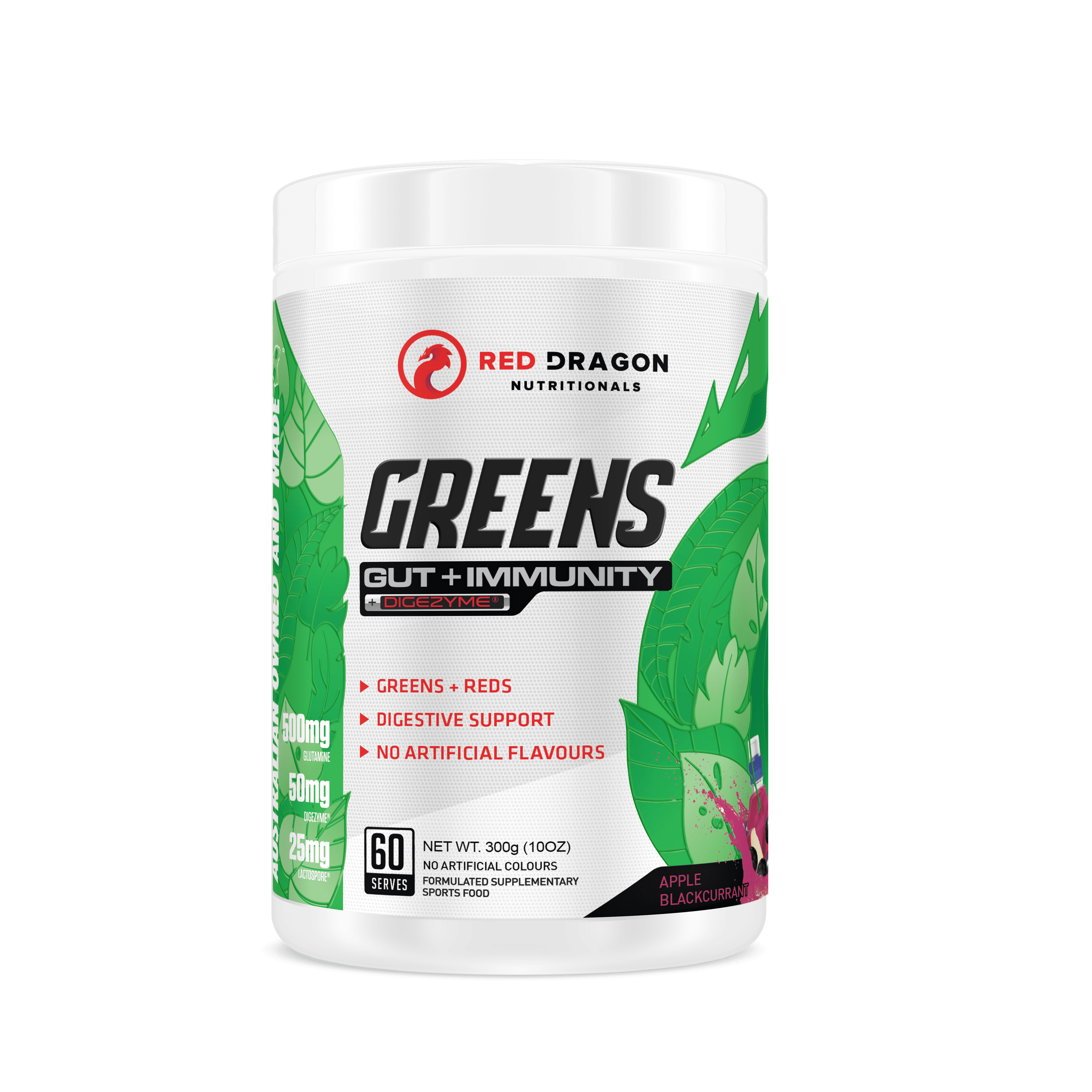 Red Dragon Nutritionals RDN Greens Gut + Immunity supplement in a green and white container with apple flavor, featuring a vibrant label.