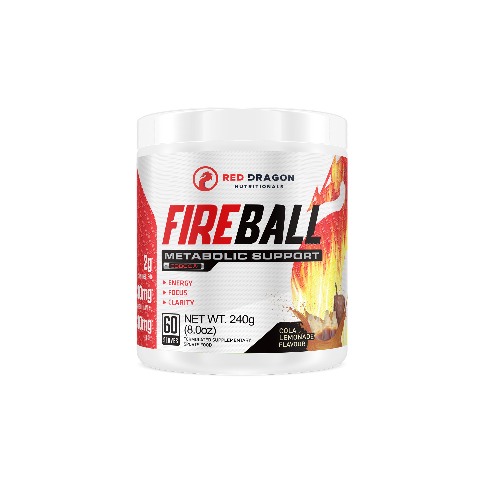 Red Dragon Nutritionals Fireball Thermogenic supplement in cola flavor, showing the product container with branding and label details.
