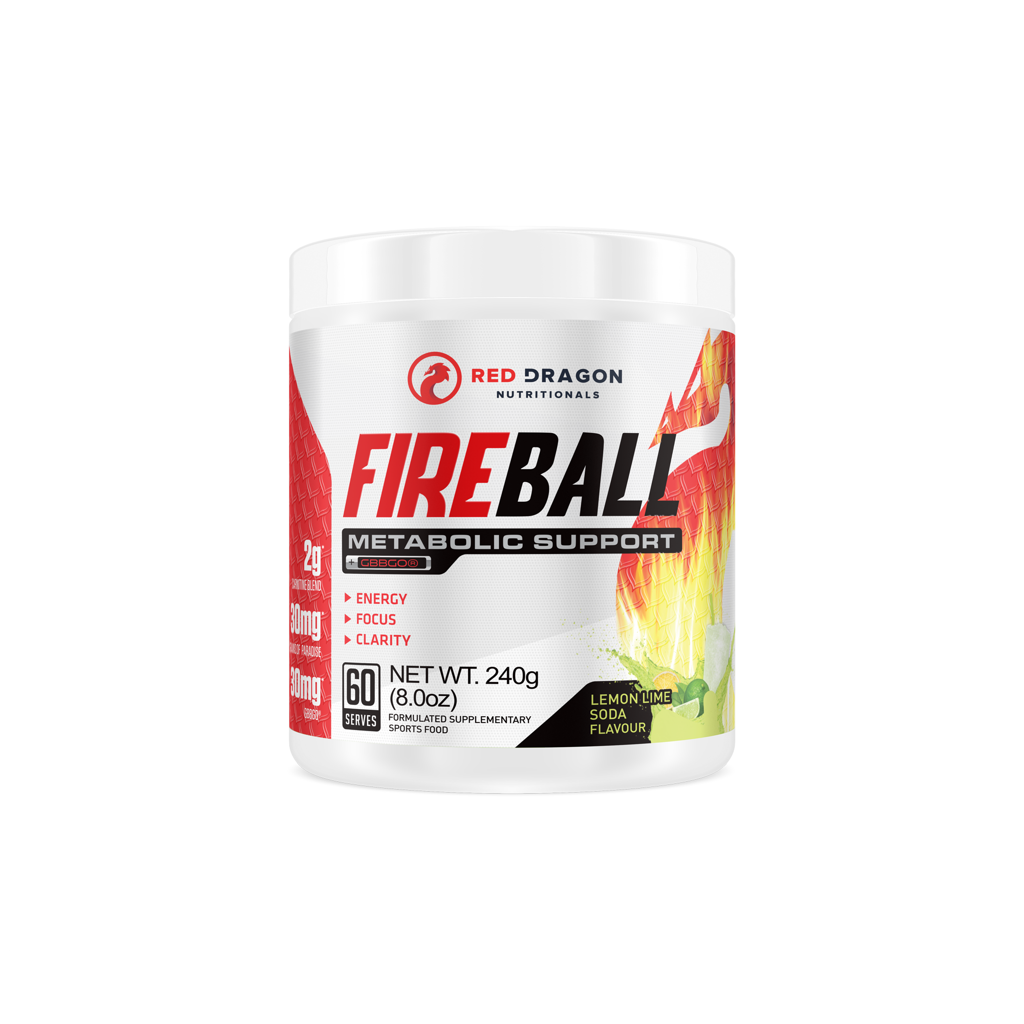 Red Dragon Nutritionals Fireball Thermogenic supplement with lemon-lime flavor, shown in a sleek container.