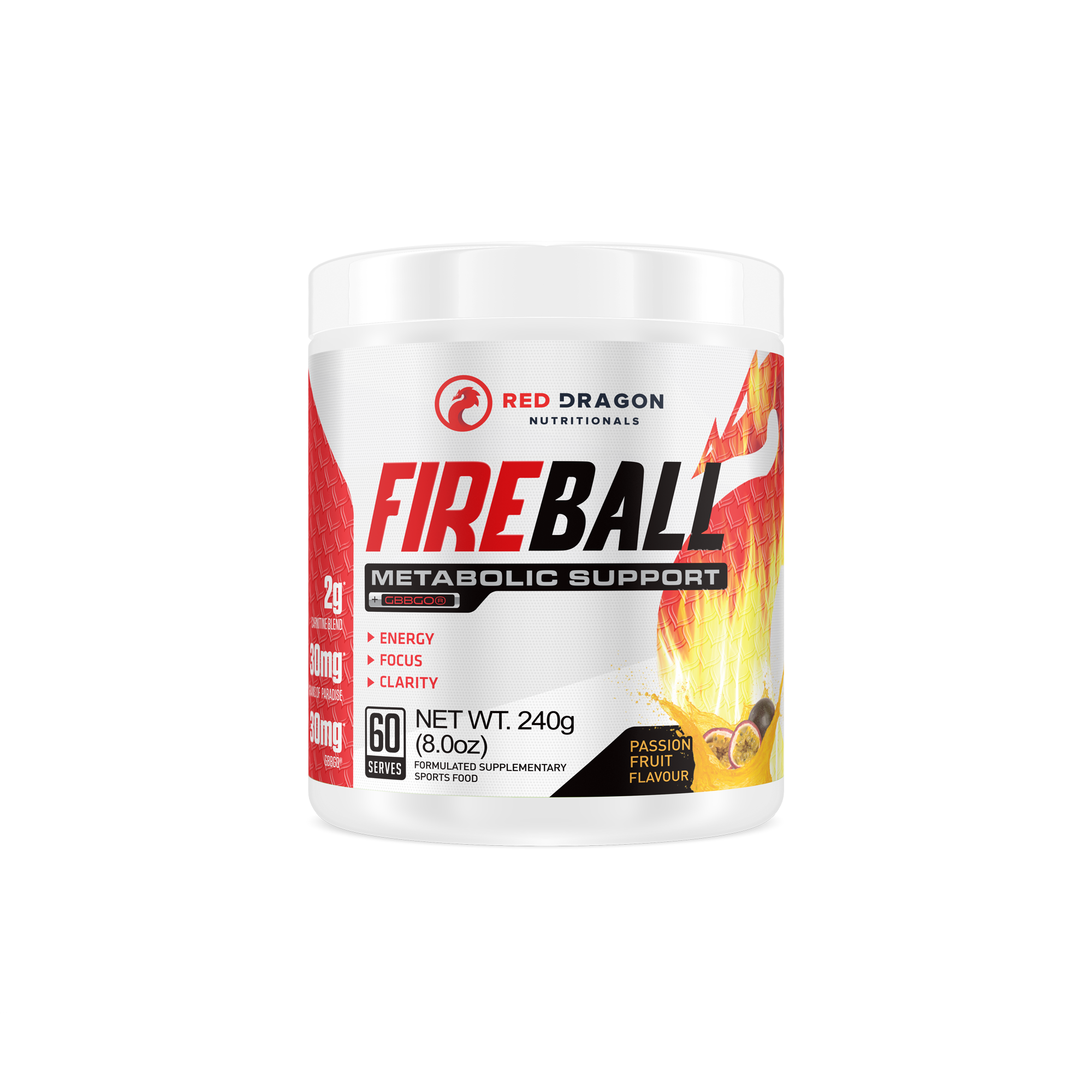 Red Dragon Nutritionals Fireball Thermogenic supplement in passionfruit flavor, featuring orange and black packaging with product label.