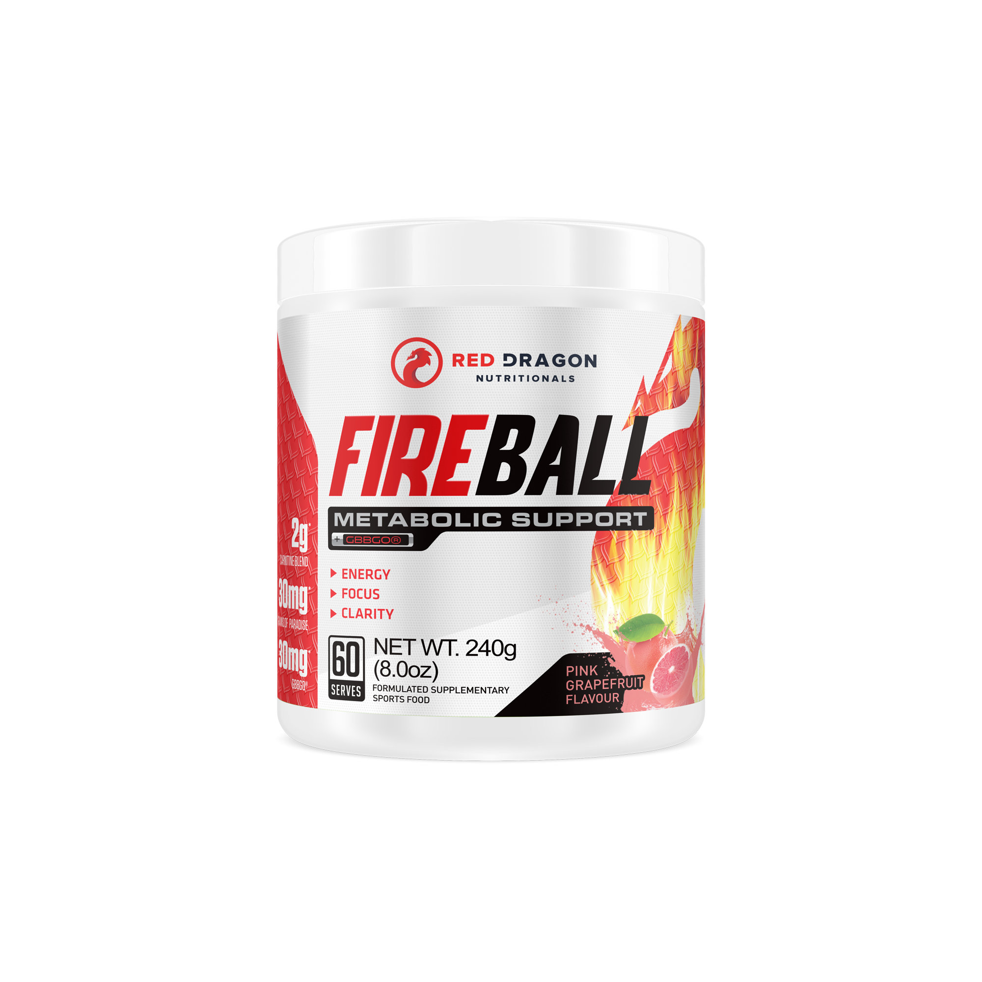 Red Dragon Nutritionals Fireball Thermogenic supplement with pink grapefruit flavor in a sleek container, designed for energy and fat burning.