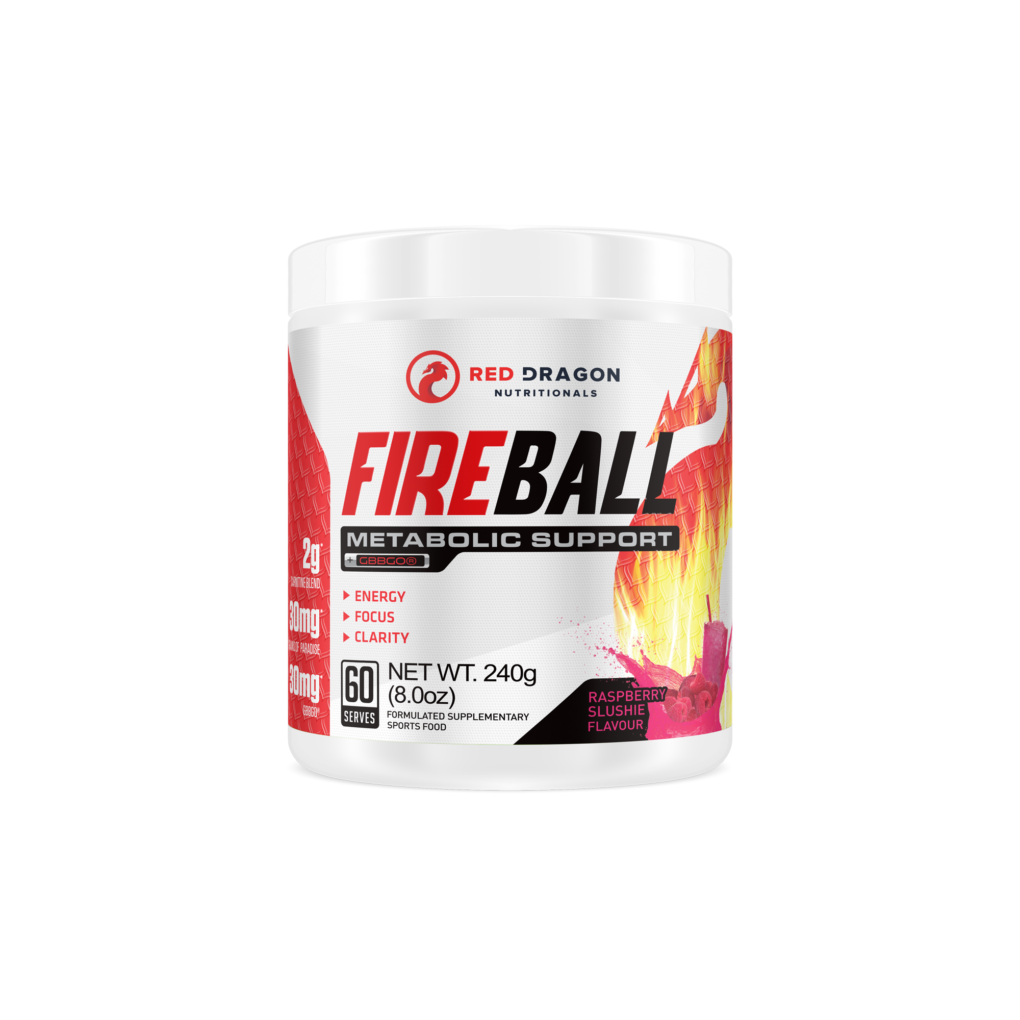Red Dragon Nutritionals RDN Fireball Thermogenic supplement with raspberry flavor, shown in a sleek container.