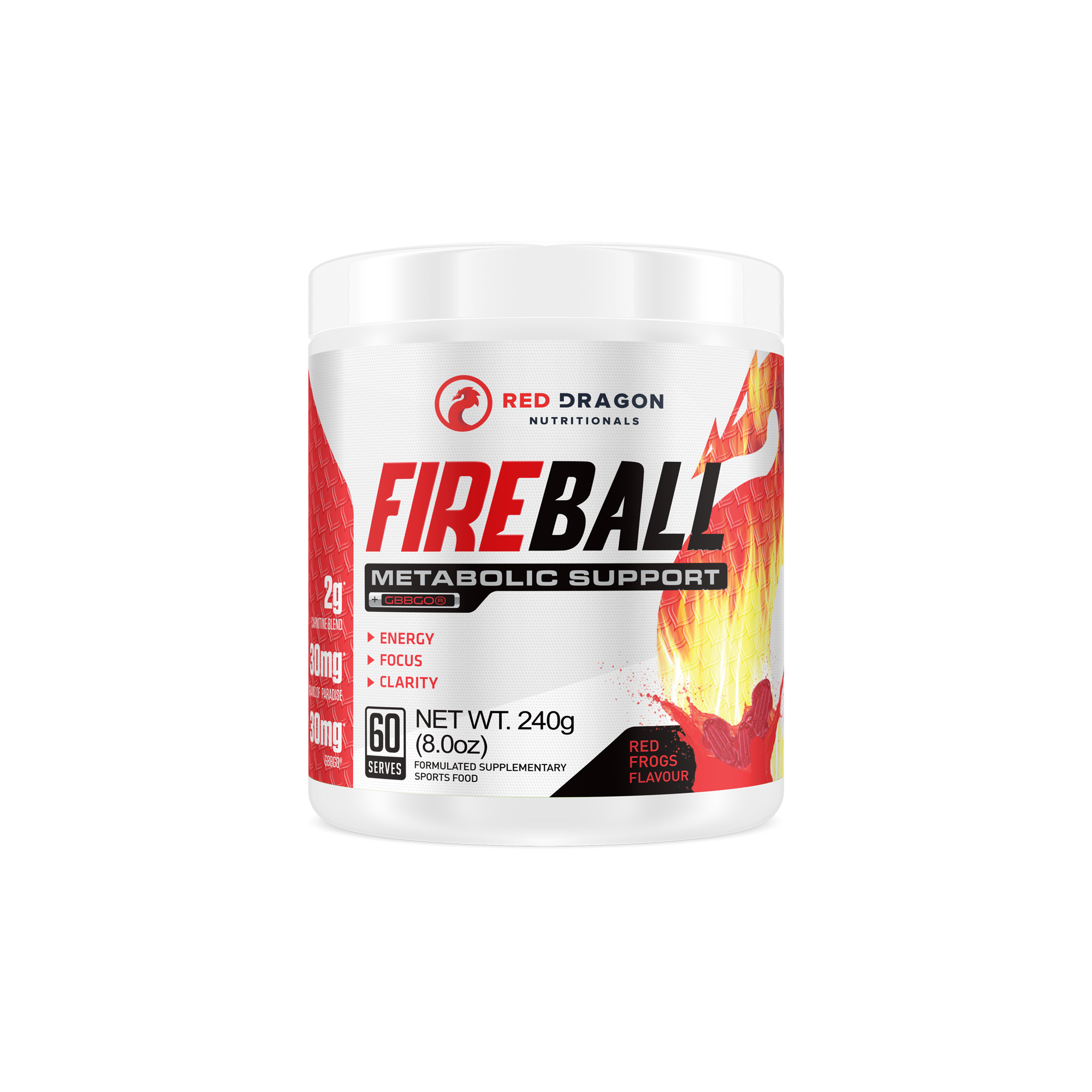 Red Dragon Nutritionals Fireball Thermogenic supplement container with red dragon logo and product label.