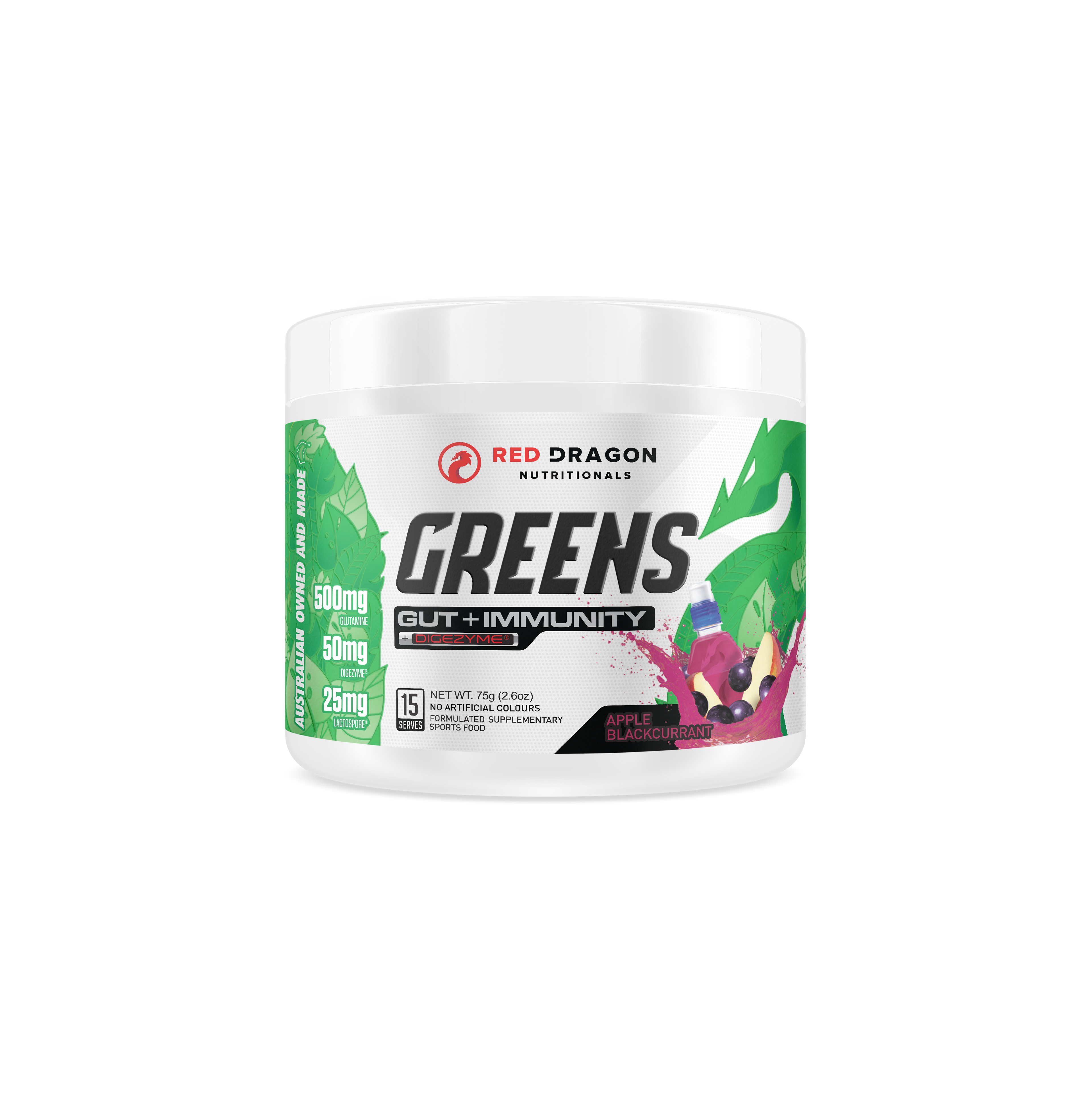 Red Dragon Nutritionals RDN Greens Gut + Immunity supplement in a container with apple and berry flavor, showing the product label.
