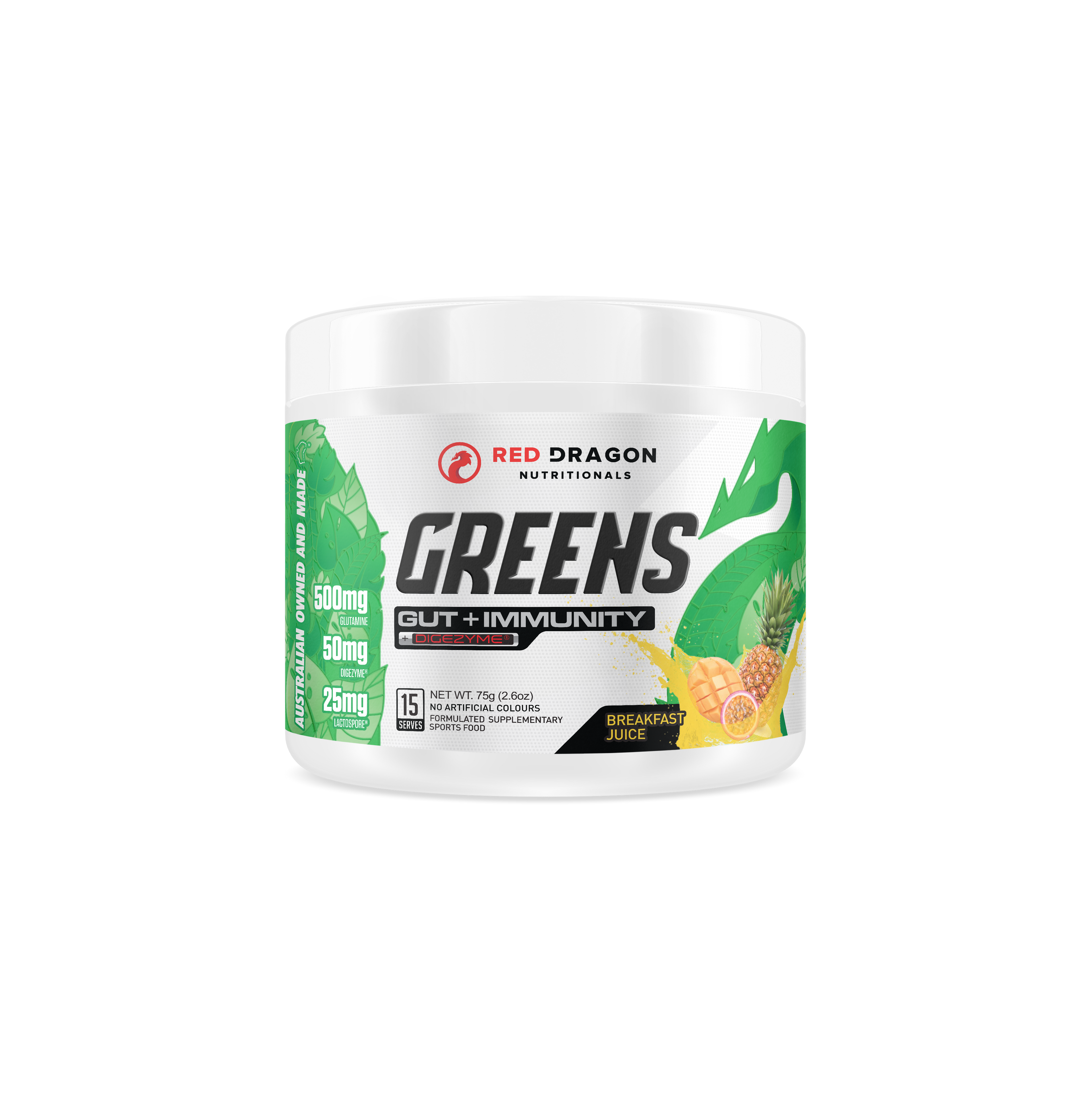 Red Dragon Nutritionals RDN Greens Gut + Immunity powder in a vibrant container, promoting digestive health and immune support.