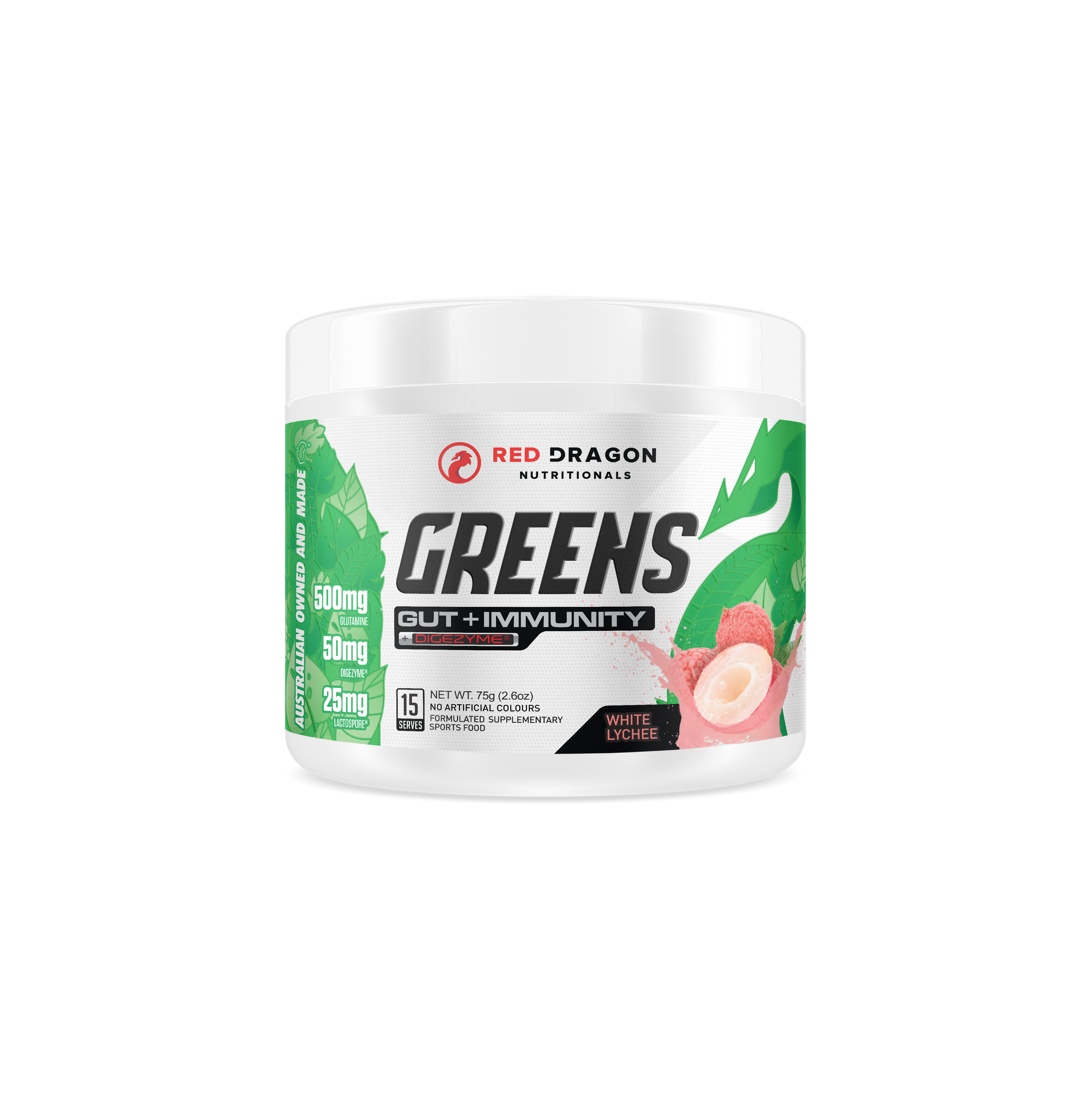 Red Dragon Nutritionals RDN Greens Gut + Immunity supplement with lychee flavor, featuring vibrant green powder and fresh fruit slices.