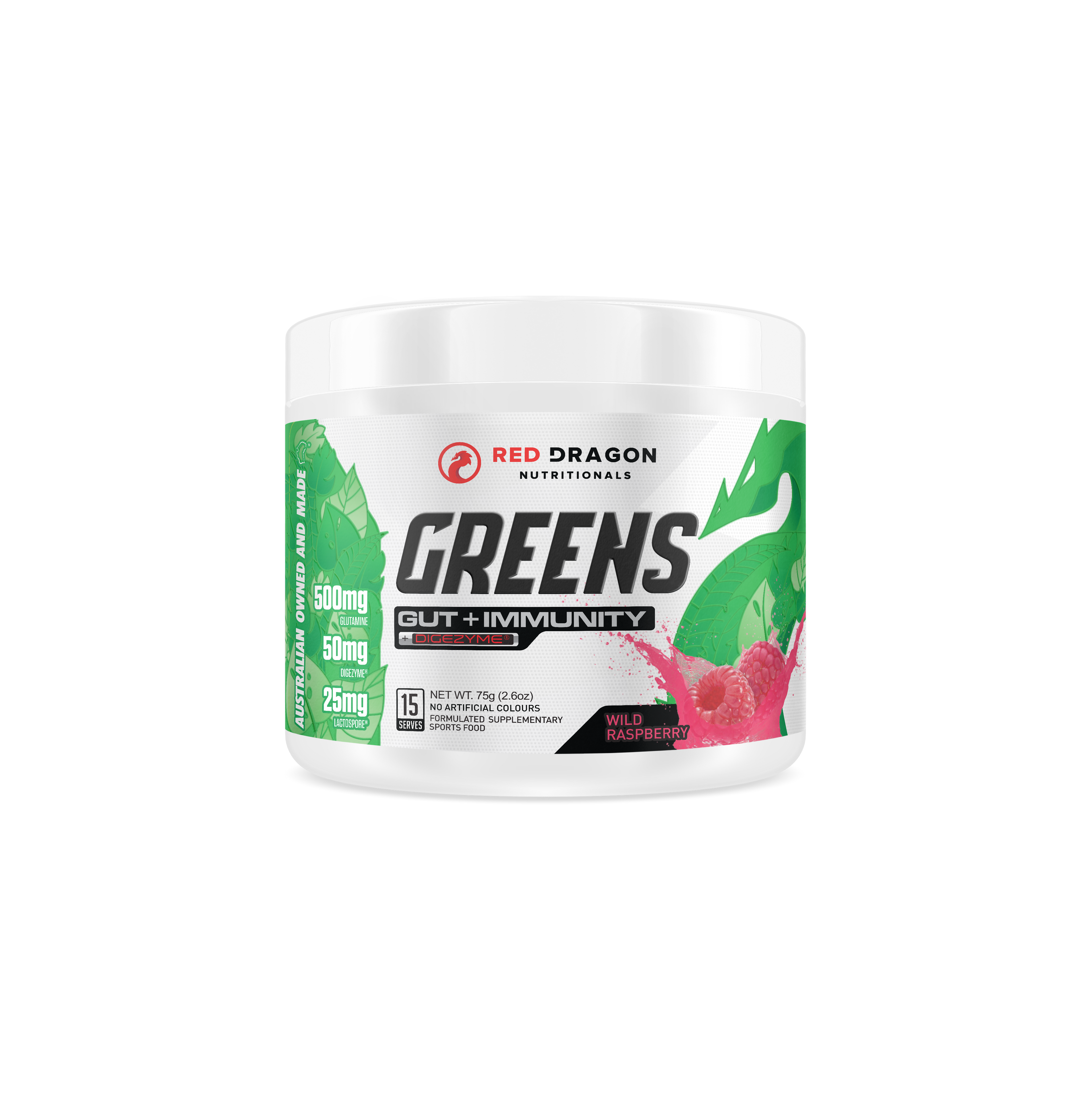 Red Dragon Nutritionals RDN Greens Gut + Immunity powder in a colorful container, showcasing the product label.