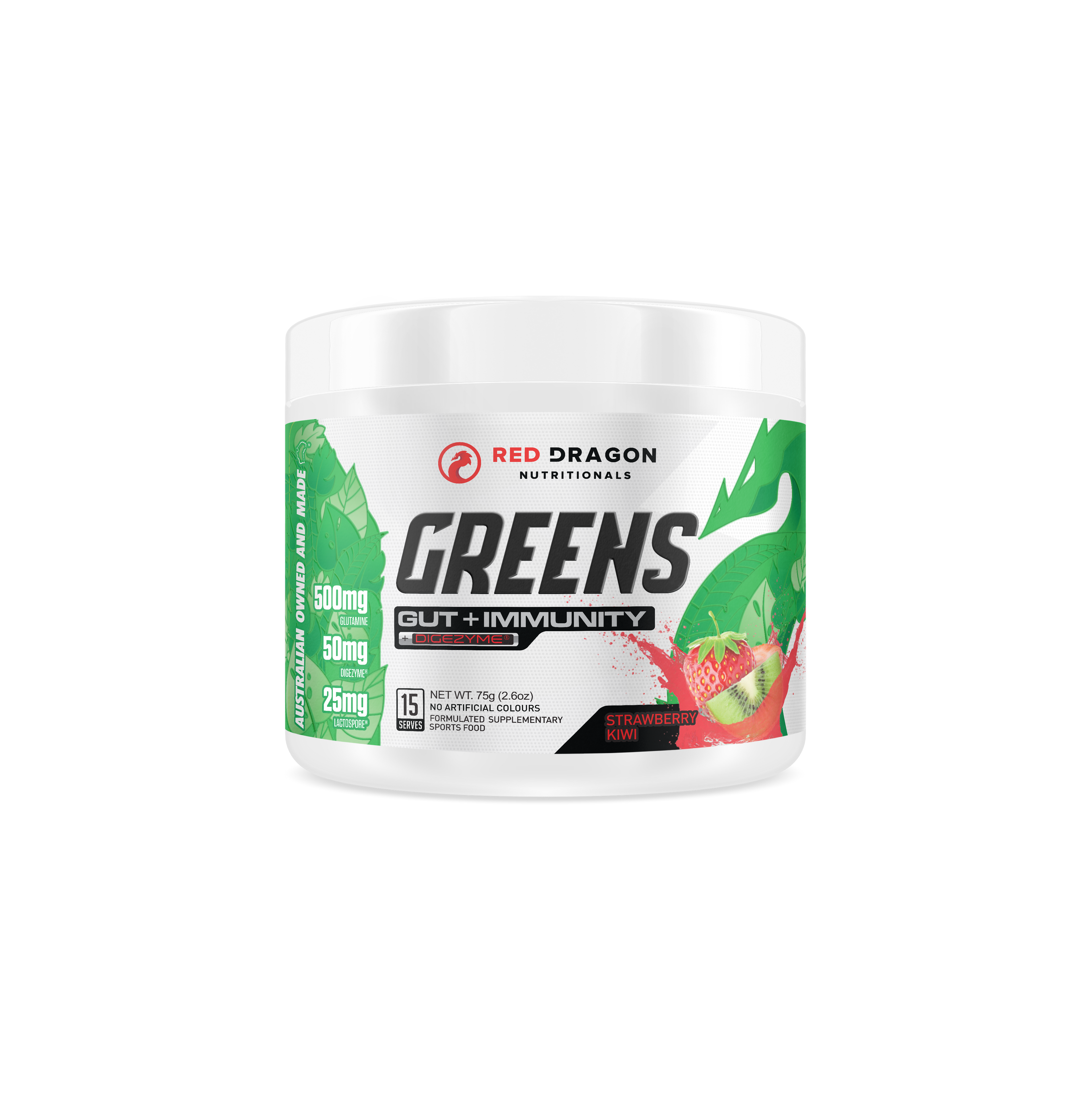 Red Dragon Nutritionals RDN Greens Gut + Immunity supplement with colorful powdered blend and fresh strawberry and kiwi fruits.