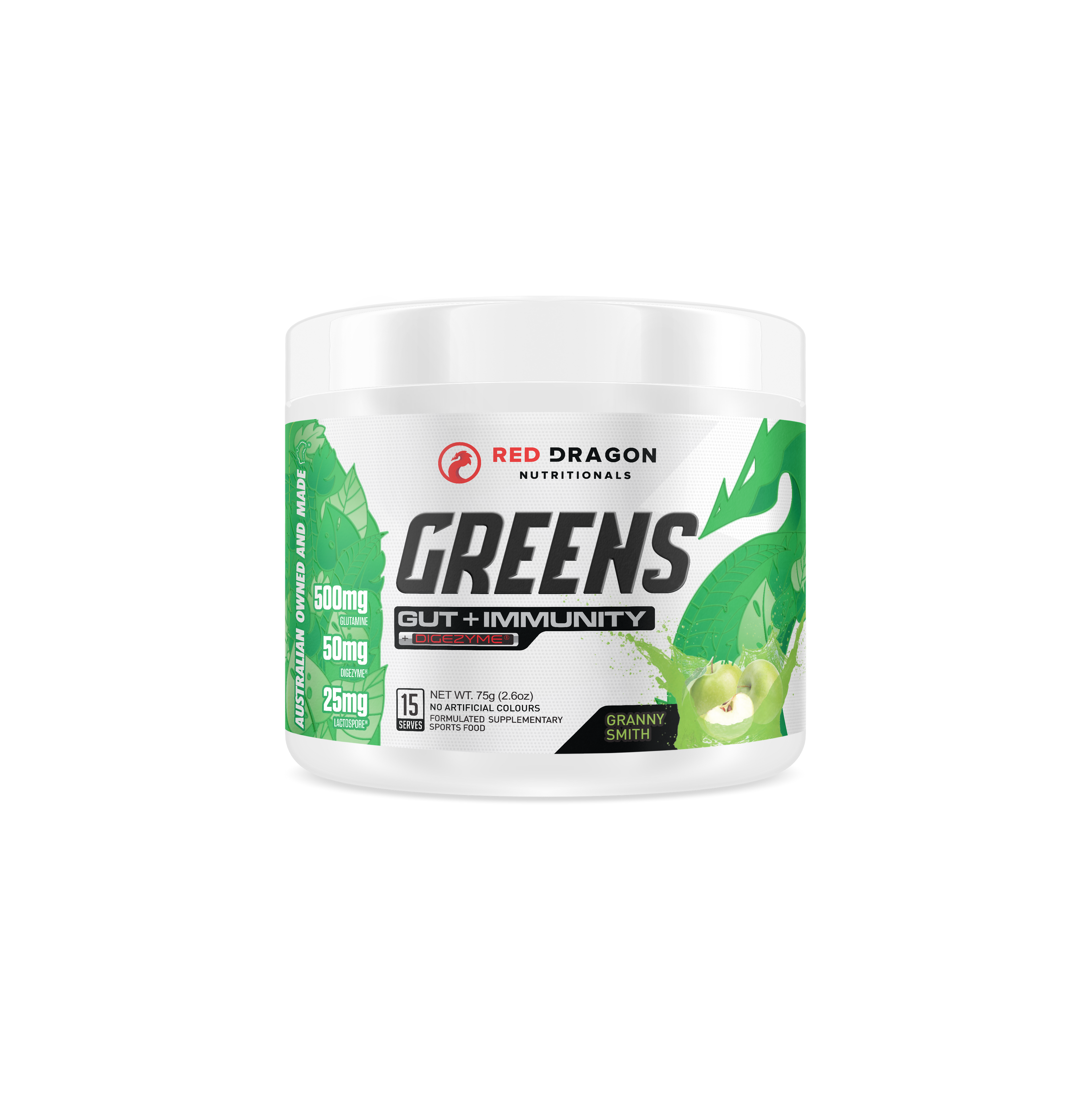 Red Dragon Nutritionals RDN Greens Gut + Immunity supplement container with label featuring greens and health-related graphics.
