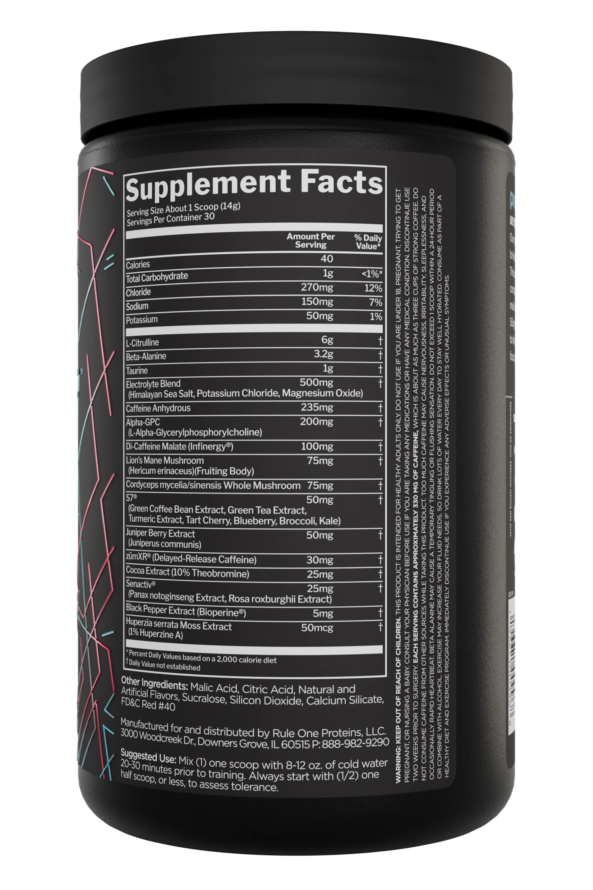 RULE 1 PRE LIFT supplement container showing the RULE1 branding and label design on a white background.