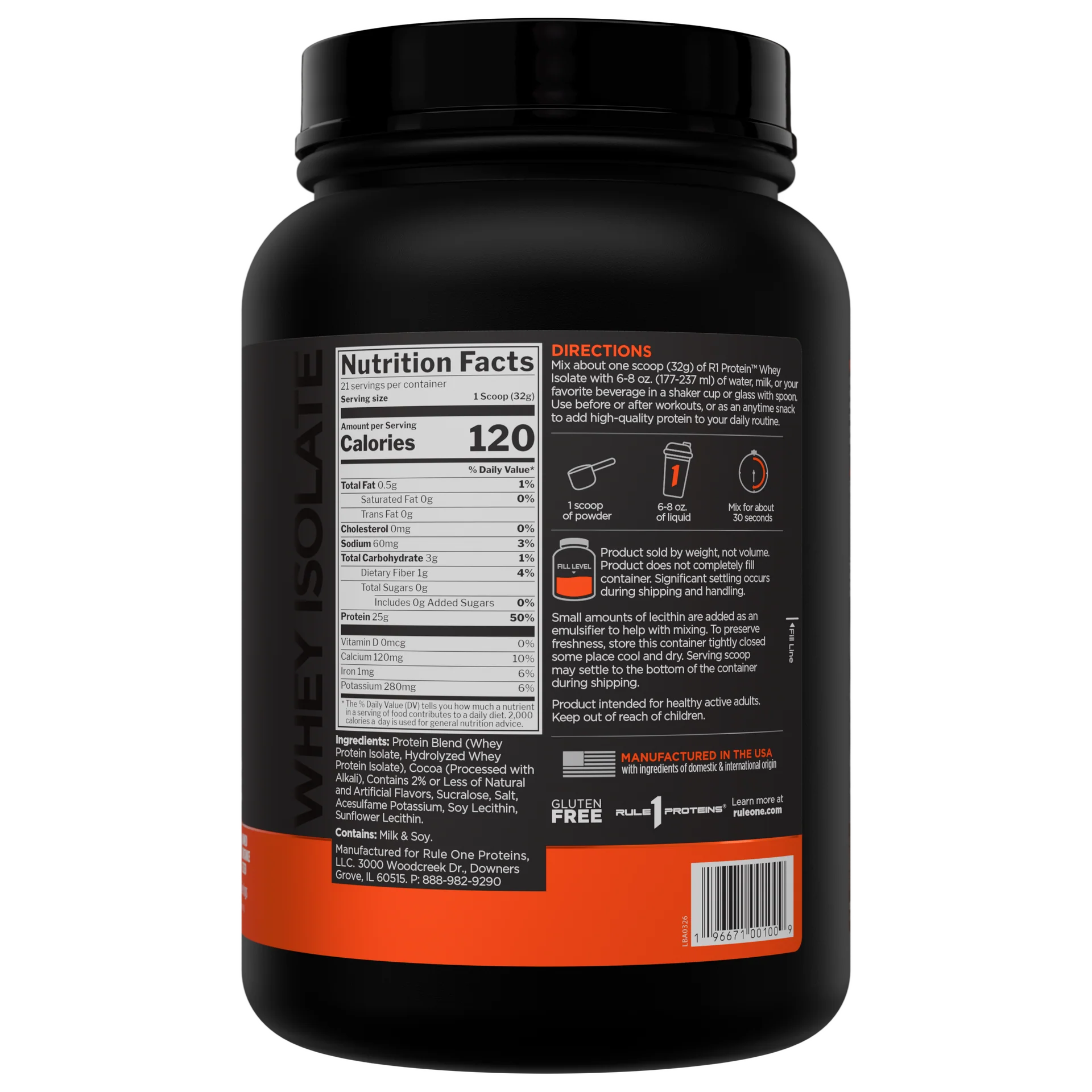 Container of RULE 1 PROTEIN ISOLATE protein powder by RULE1, showcasing the product packaging and branding.