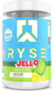 RYSE LOADED PRE powder container with lemon Jell-O flavor, featuring vibrant packaging and product branding.