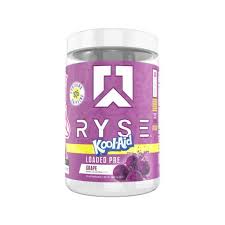 RYSE Loaded Pre workout supplement in grape flavor, featuring a container of RYSE UP RYSE loaded pre powder.