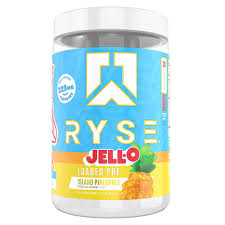 RYSE Loaded Pre supplement bottle featuring Island Pineapple flavor with colorful branding and product label.
