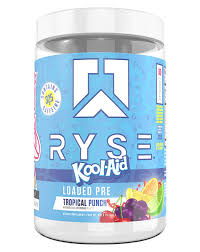 RYSE Loaded Pre workout supplement container with tropical splash flavor, featuring vibrant tropical fruit imagery on the label.