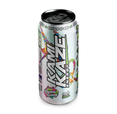 KAMIKAZE ENERGY KAMIKAZE e-liquid bottle with rainbow label design and vibrant branding on a white background.