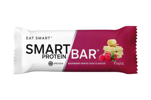 Smart Protein Bar from Smart Diet Solutions with raspberry and white chocolate flavor, showing the chocolate-coated snack.