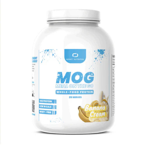 Reset Nutrition Meal On The Go in banana flavor, featuring a ready-to-drink nutritional shake with a banana smoothie appearance.