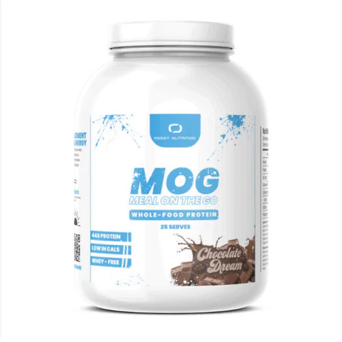 Reset Nutrition Meal On The Go (MOG) chocolate flavor in a sleek container, perfect for quick, nutritious on-the-go meals.