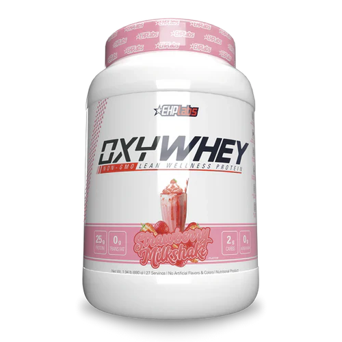 EHP LABS OxyWhey protein powder container with label, showcasing the EHP LABS brand and product packaging.