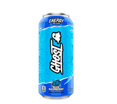 GHOST Energy can with bold branding and vibrant design, showcasing the popular energy drink's sleek silver and black can.