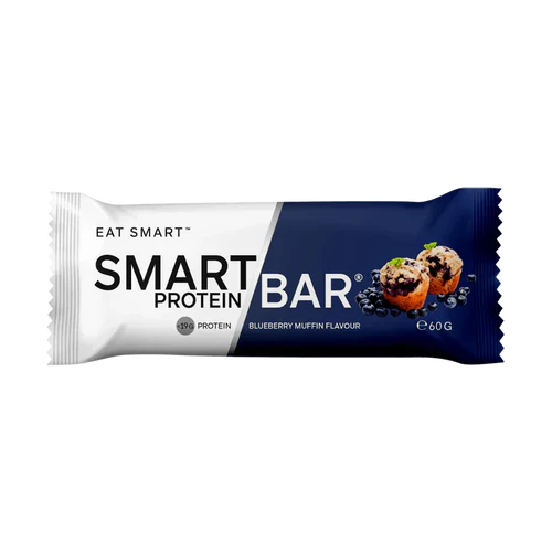 Smart Protein Bar from SMART DIET SOLUTIONS, blue blueberry muffin flavor, 12-pack, close-up of the protein bars in the package.