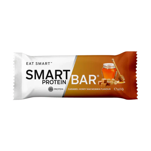 Smart Protein Bar from SMART DIET SOLUTIONS with caramel honey flavor, displayed in a box of 12 bars.