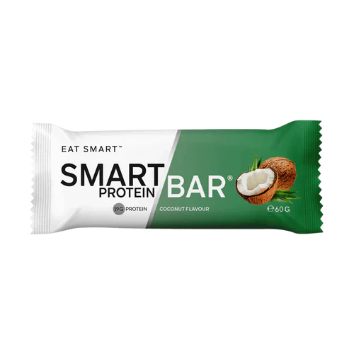 Box of 12 Smart Protein Bars by Smart Diet Solutions featuring coconut flavor, arranged in a box with packaging visible.