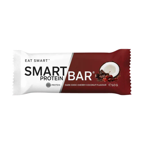 Smart Protein Bar from SMART DIET SOLUTIONS, dark chocolate, cherry, and coconut flavor, displayed in a box of 12.