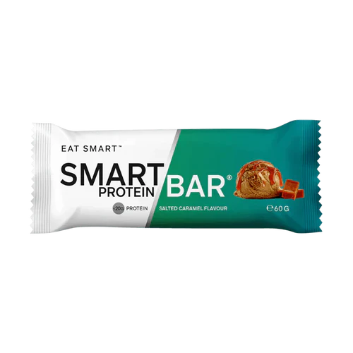 Box of 12 salted caramel Smart Protein Bars from SMART DIET SOLUTIONS, showing individually wrapped bars in a sleek package.