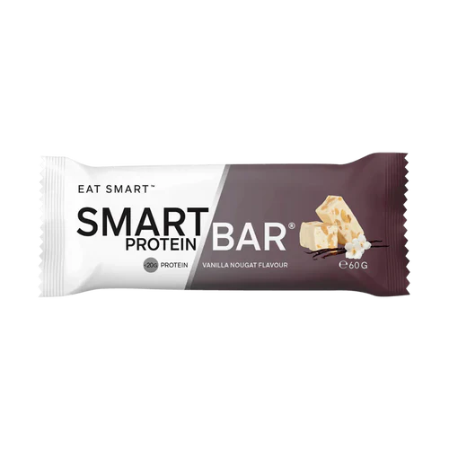 Smart Protein Bar from Smart Diet Solutions with vanilla nougat flavor in a box of 12, designed for balanced nutrition and energy.