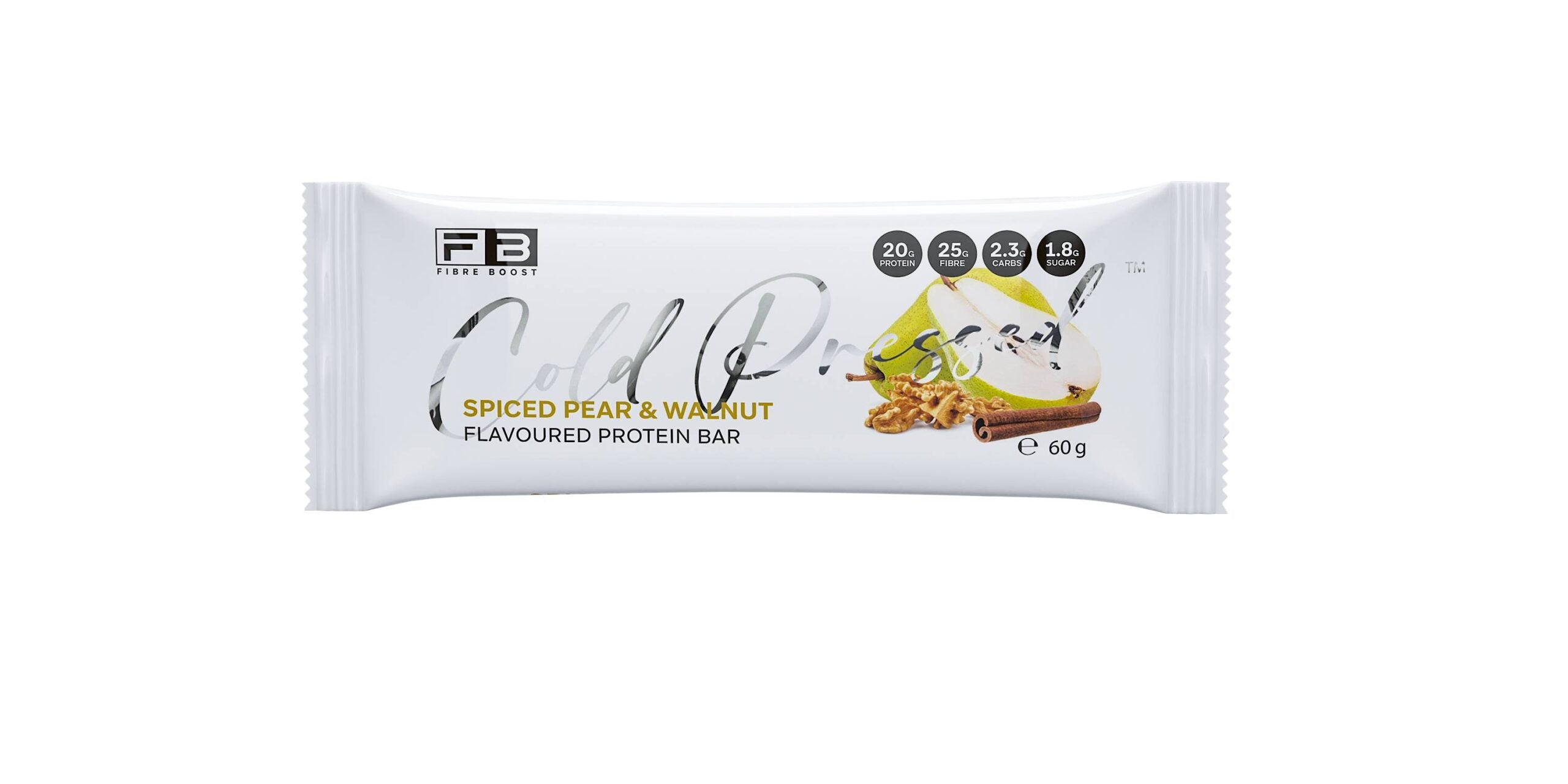 Fibre Boost protein bar with spiced pear and walnut flavor, showcasing a close-up of the bar's textured surface with nuts and fruit.