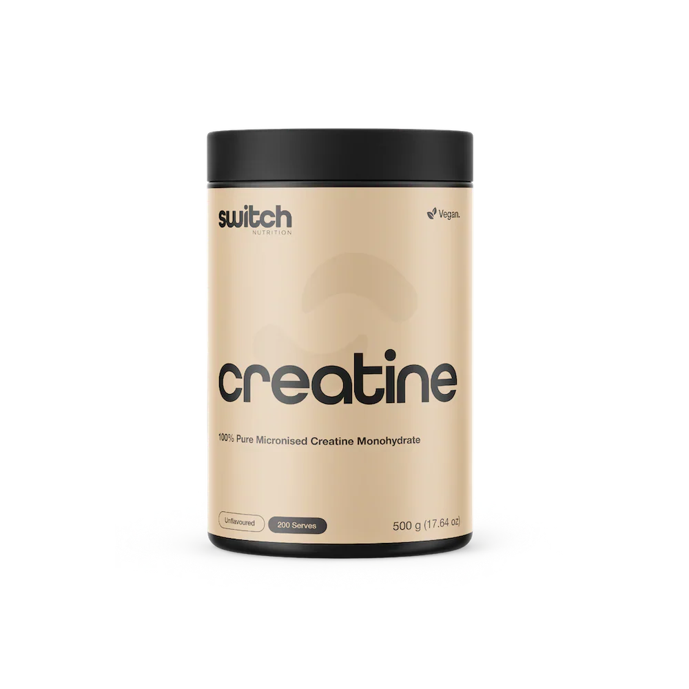 Container of Switch Nutrition Creatine Monohydrate supplement with 100 servings, featuring a black and green label design.